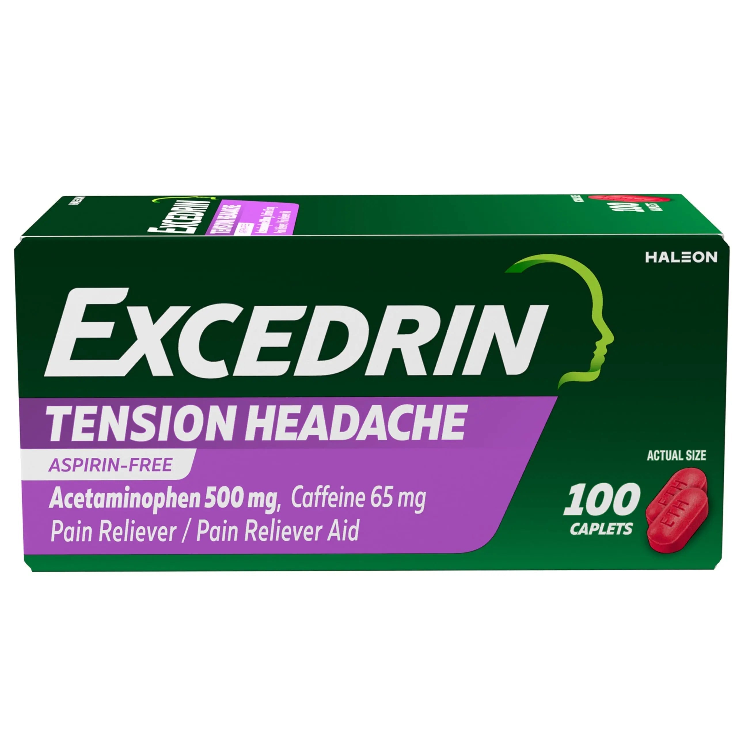 Excedrin Tension Headache Relief Caplets, Acetaminophen 500mg, Caffeine 65mg, Pain Reliever, Aspirin-Free, 100 Count Excedrin uk supplements