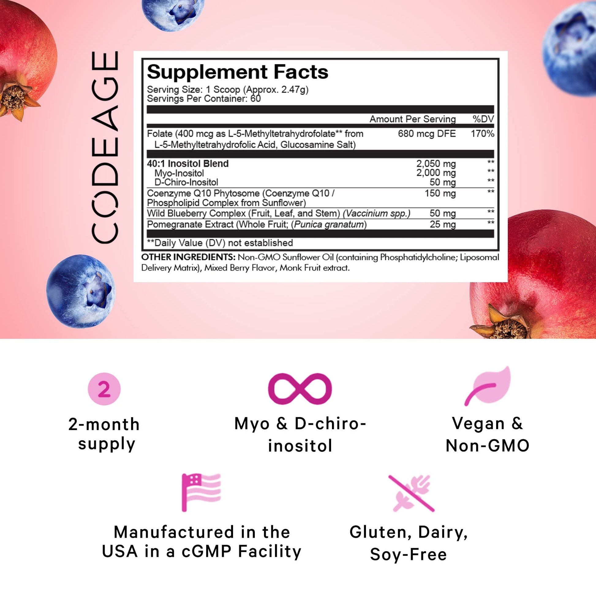 Codeage Liposomal Ovarian Inositol Powder - Myo-Inositol & D-Chiro-Inositol 40:1 Blend, Folate 5-MTHF, CoQ10, Pomegranate & Wild Blueberry - 2-Month Supply - Mixed Berry Flavor - Non-GMO, 60 Servings Codeage uk supplements