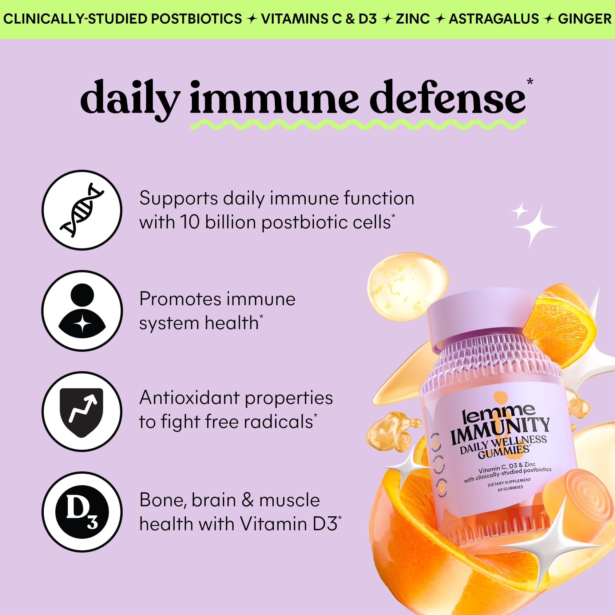 Lemme Immunity Postbiotic Gummies with Vitamin C, Vitamin D (2000 IU), Zinc, 10 Billion Postbiotic Cells, Astragalus for Immune Support - Vegetarian, Gluten Free, Sweet Orange (60 Count) Lemme uk supplements