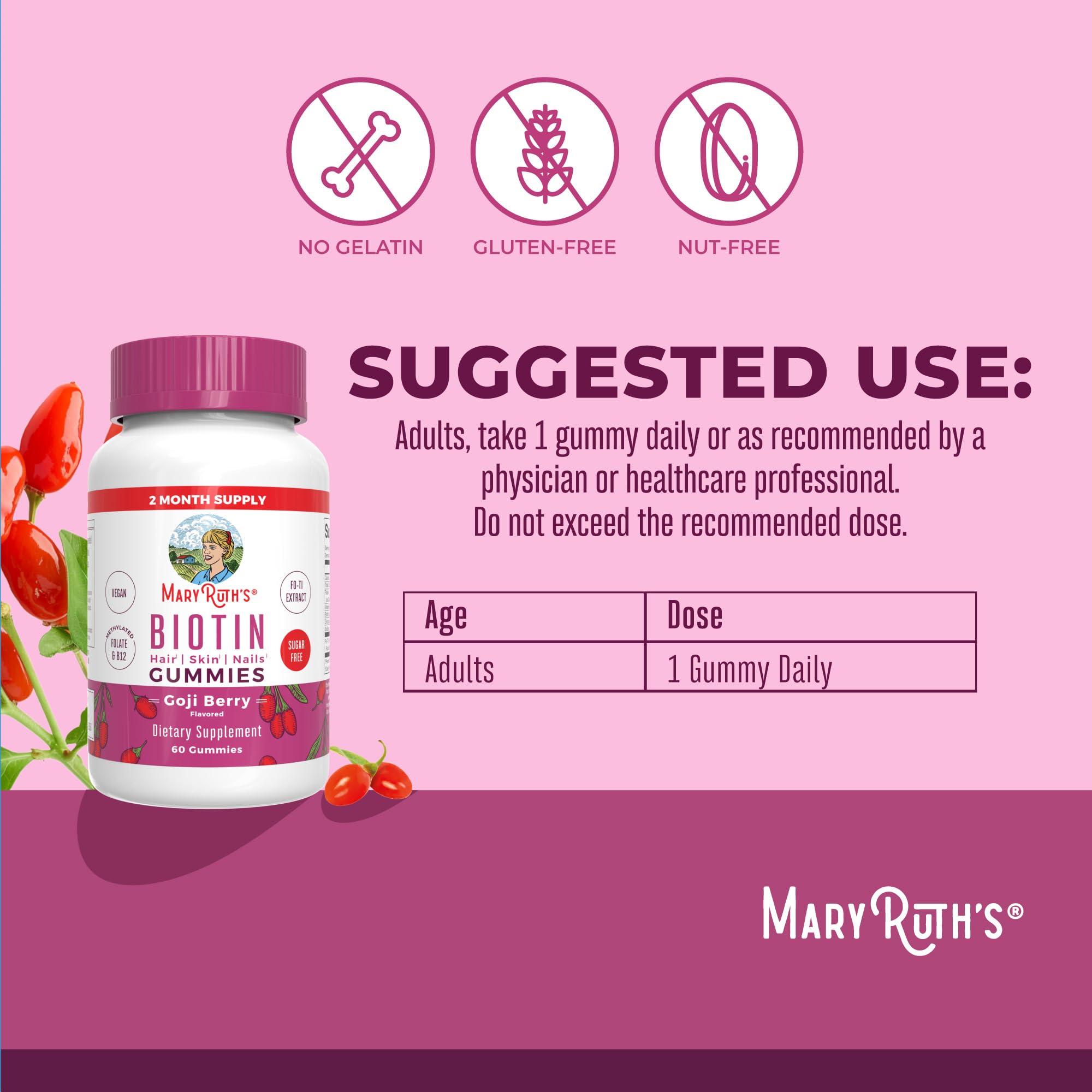 MaryRuth Organics Biotin Gummies | Sugar Free | Vegan | Non-GMO | 2,500 mcg Biotin Supplement | Hair Skin and Nails Vitamins | Hair Growth Vitamins | Hair Growth Supplement | 60 Count MARYRUTH'S uk supplements