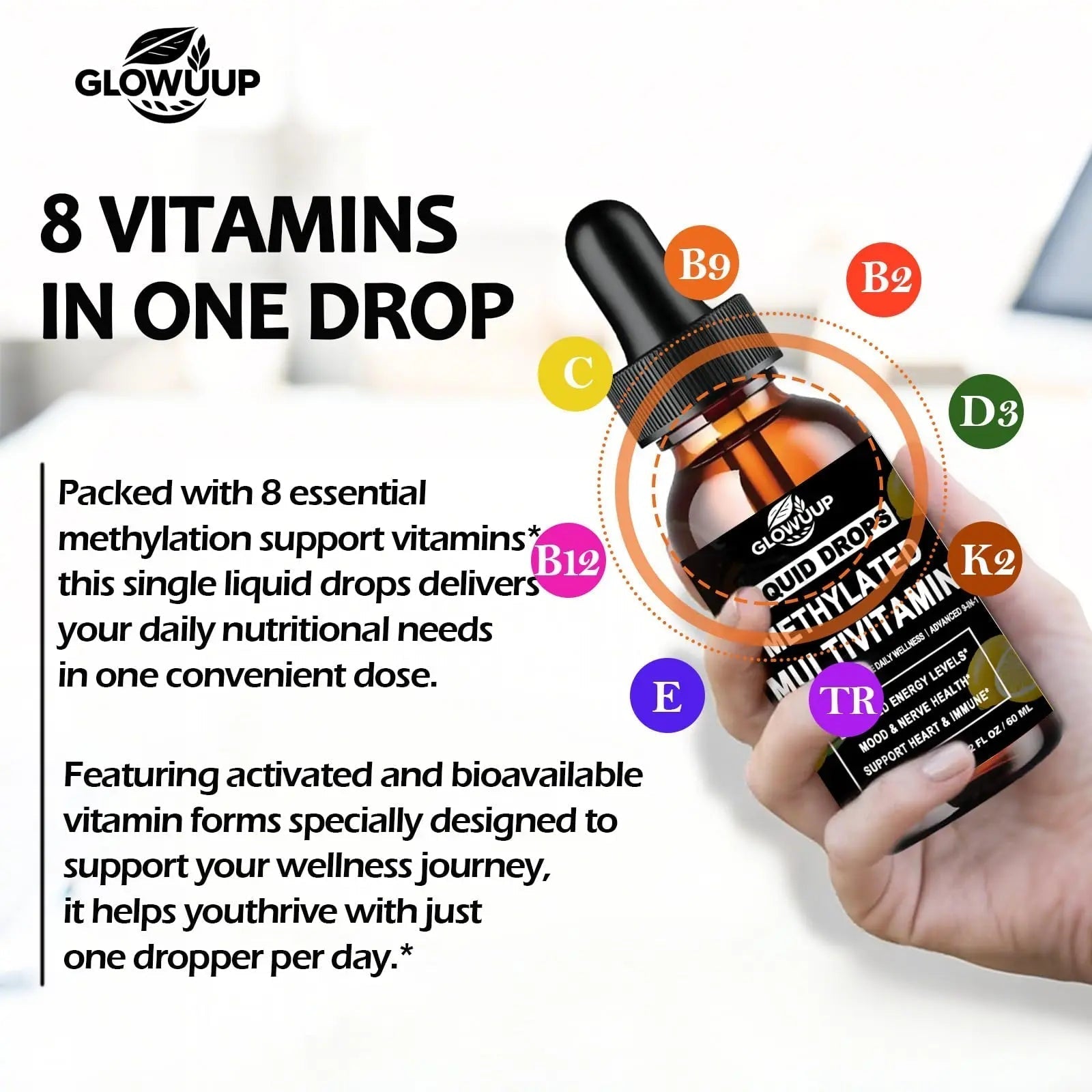 Multivitamin for Women & Men, Methylated Multivitamins & Multiminerals liquid Drops with Methylfolate B12 B2 Vitamin C E D3 K2 GLOVVUUP uk supplements