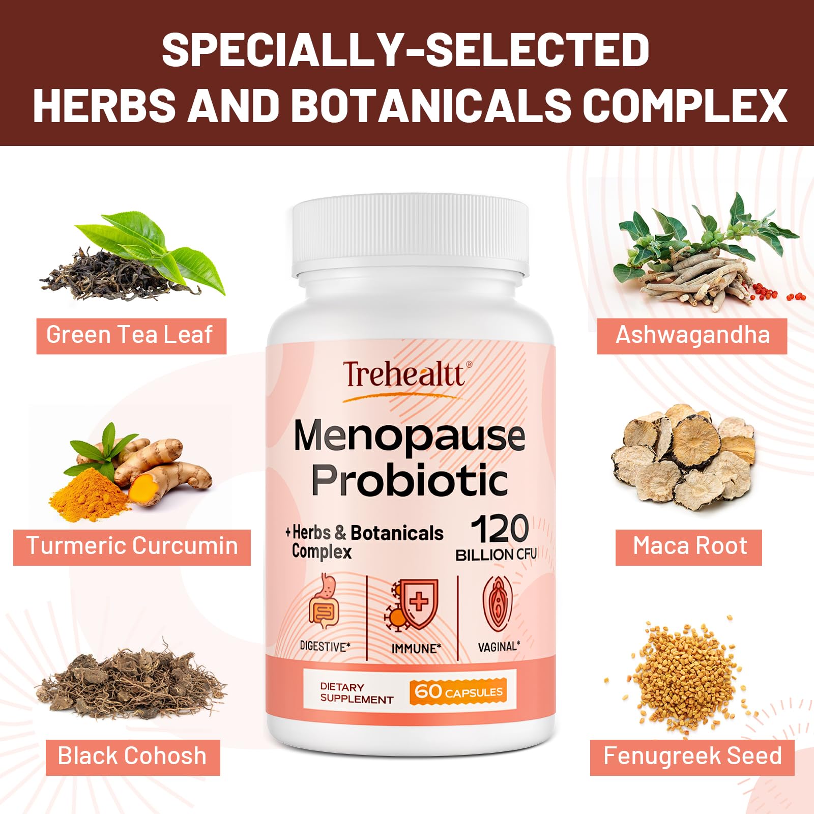 Menopause supplements for women, 120 Billion CFU Probiotic, 13-in-1 Herbs & Botanicals Complex, for Hormone Menopause, Hot Flashes, Night Sweats, Mood Swings, Sleep Disturbances, Vegan, 60 Capsules Trehealtt uk supplements