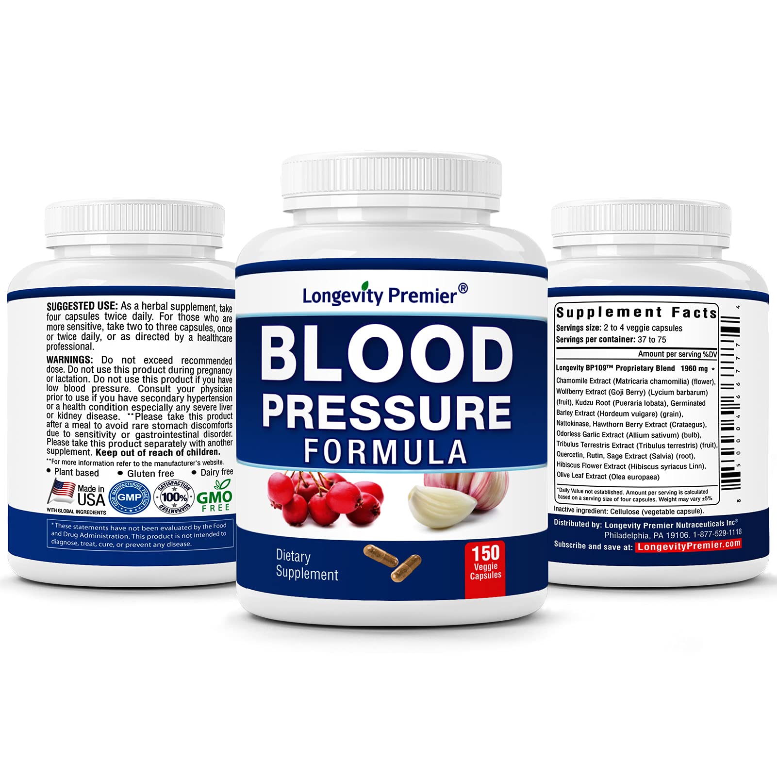 [3-Bottle X 150 Caps] Longevity Blood Pressure Formula -Scientifically formulated with Hawthorn & 12+ Quality Natural Herbs LONGEVITY PREMIER NUTRACEUTICALS INC uk supplements