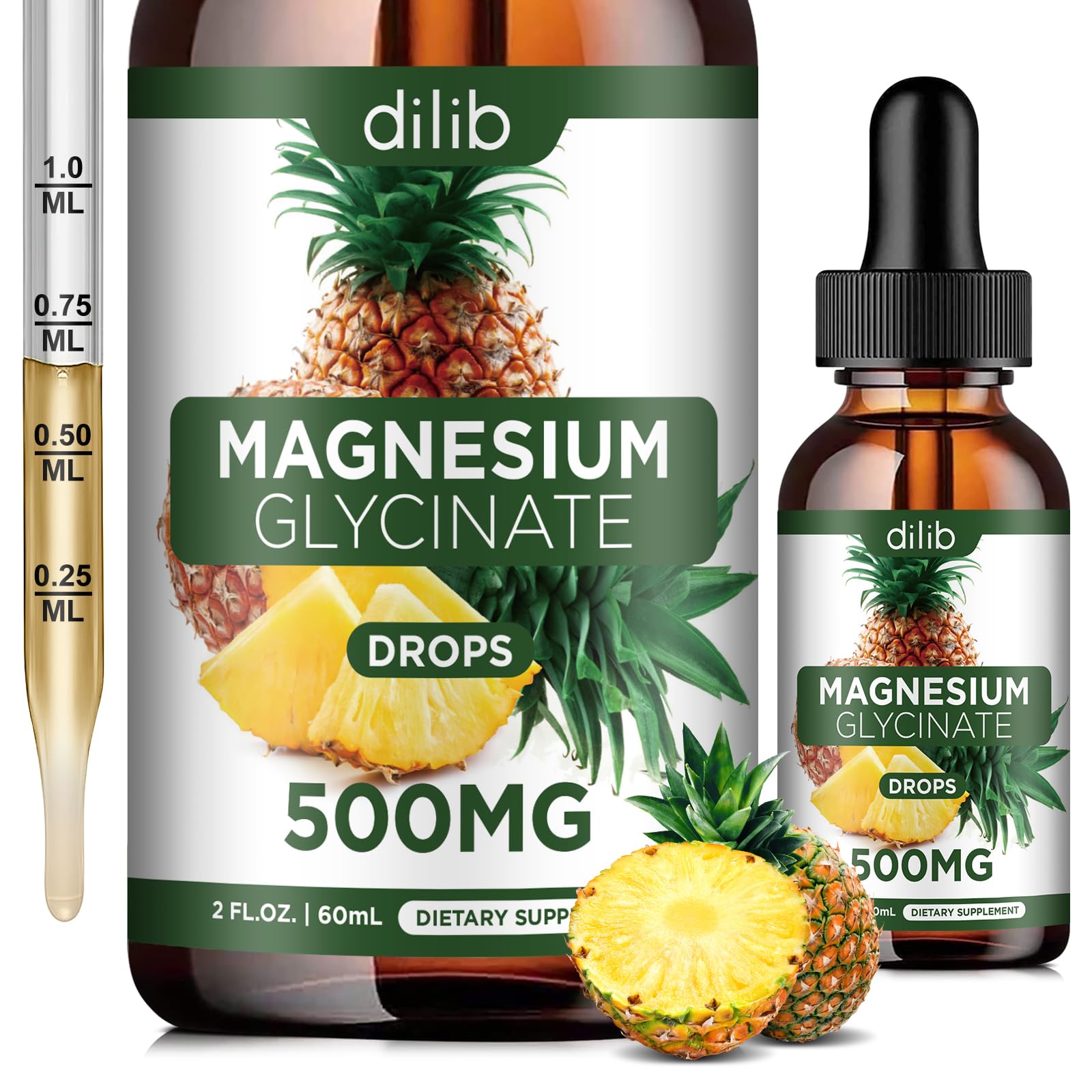 Magnesium Glycinate Supplement, Liquid Magnesium Glycinate Liquid Drops 500mg-Support Stress Relief, Relaxation, Mood, Sleep, Bone & Muscle-2 Fl Oz, Vegan, Pineapple Flavor dilib uk supplements