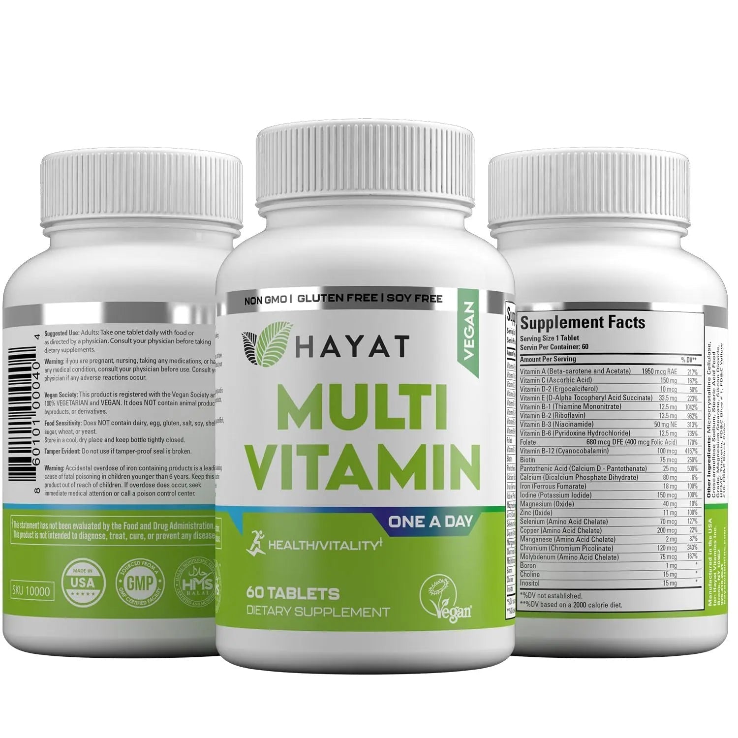 HAYAT Vitamins Vegan Natural Multivitamin, Daily Vitamins with Vitamin A, C, D, E, B1, B2, B3, B6, B12, Biotin, Zinc and More, 2 Month Supply, All Natural HAYAT uk supplements