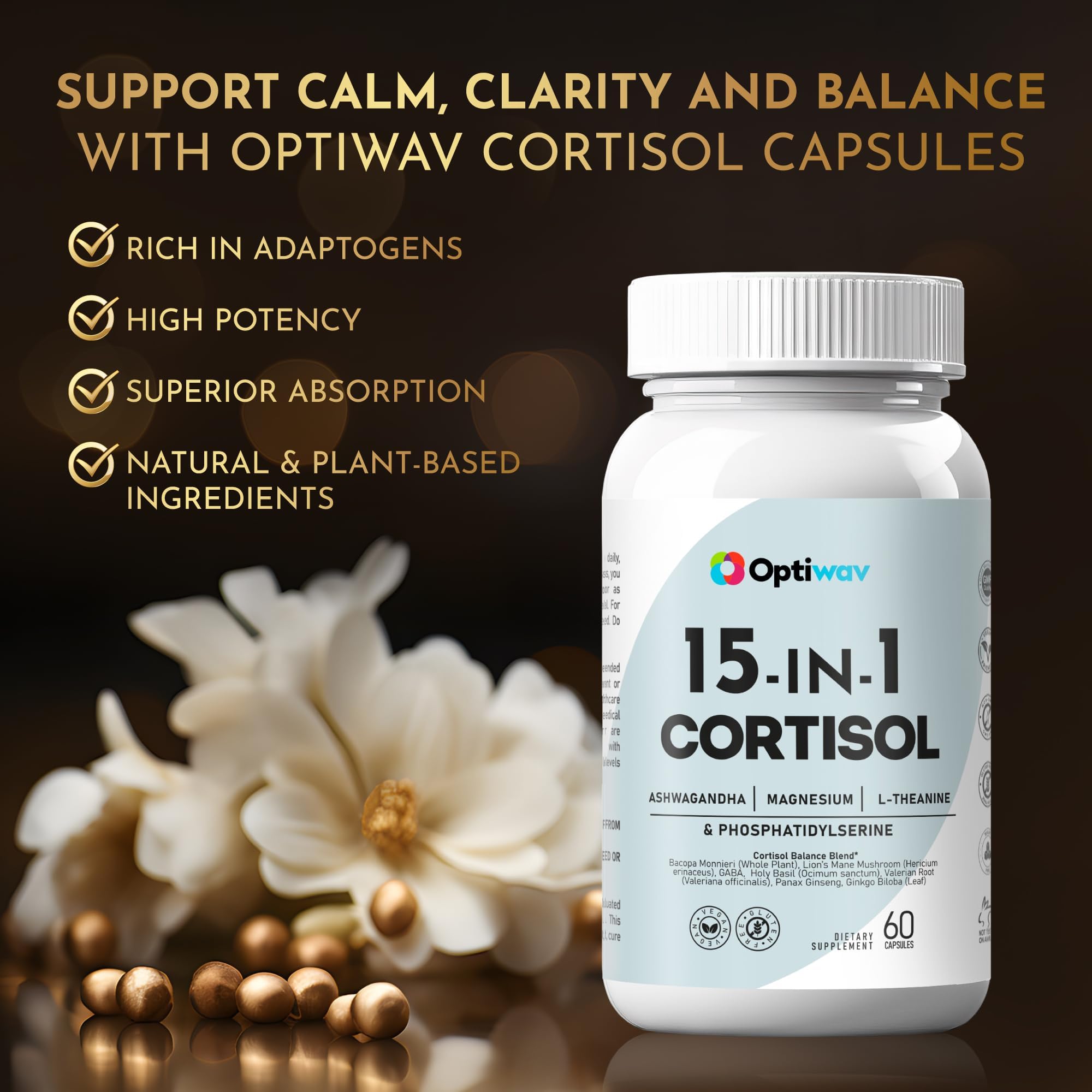 Optiwav Cortisol Detox Supplement for Women Men - Control & Lowering High Cortisol Level - Balance Calm Stress Relief Cleanse Adrenal Health Support - Magnesium Ashwagandha Cortisol Blocker Reducer Optiwav uk supplements