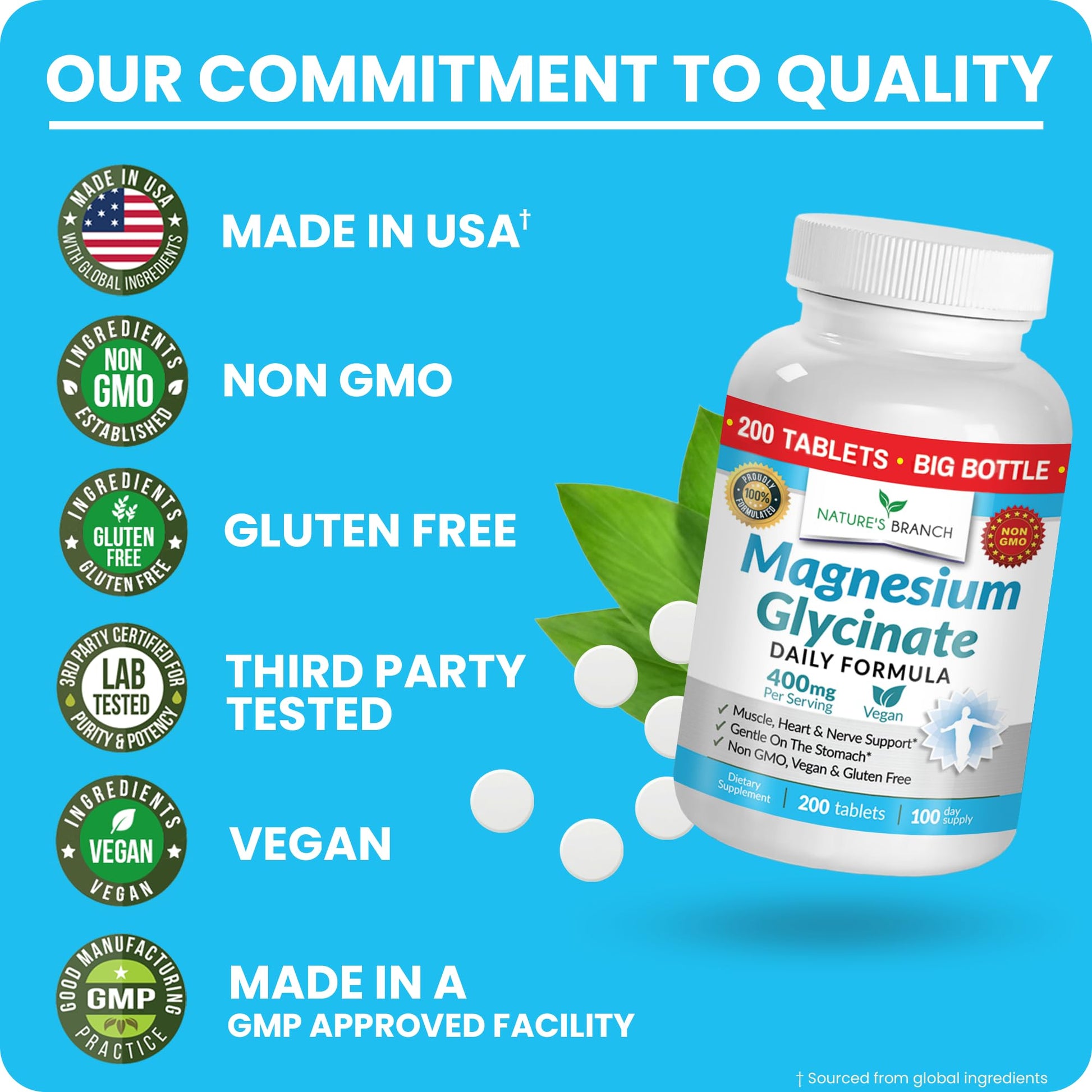 Magnesium Glycinate 400mg | 200 Tablets | High Absorption Mag Supplements for Sleep, Leg Cramps, Heart, Muscle, Calm | Non Buffered Bisglycinate, Extra Strength for Women and Men, Tablets Not Capsules NATURE'S BRANCH uk supplements