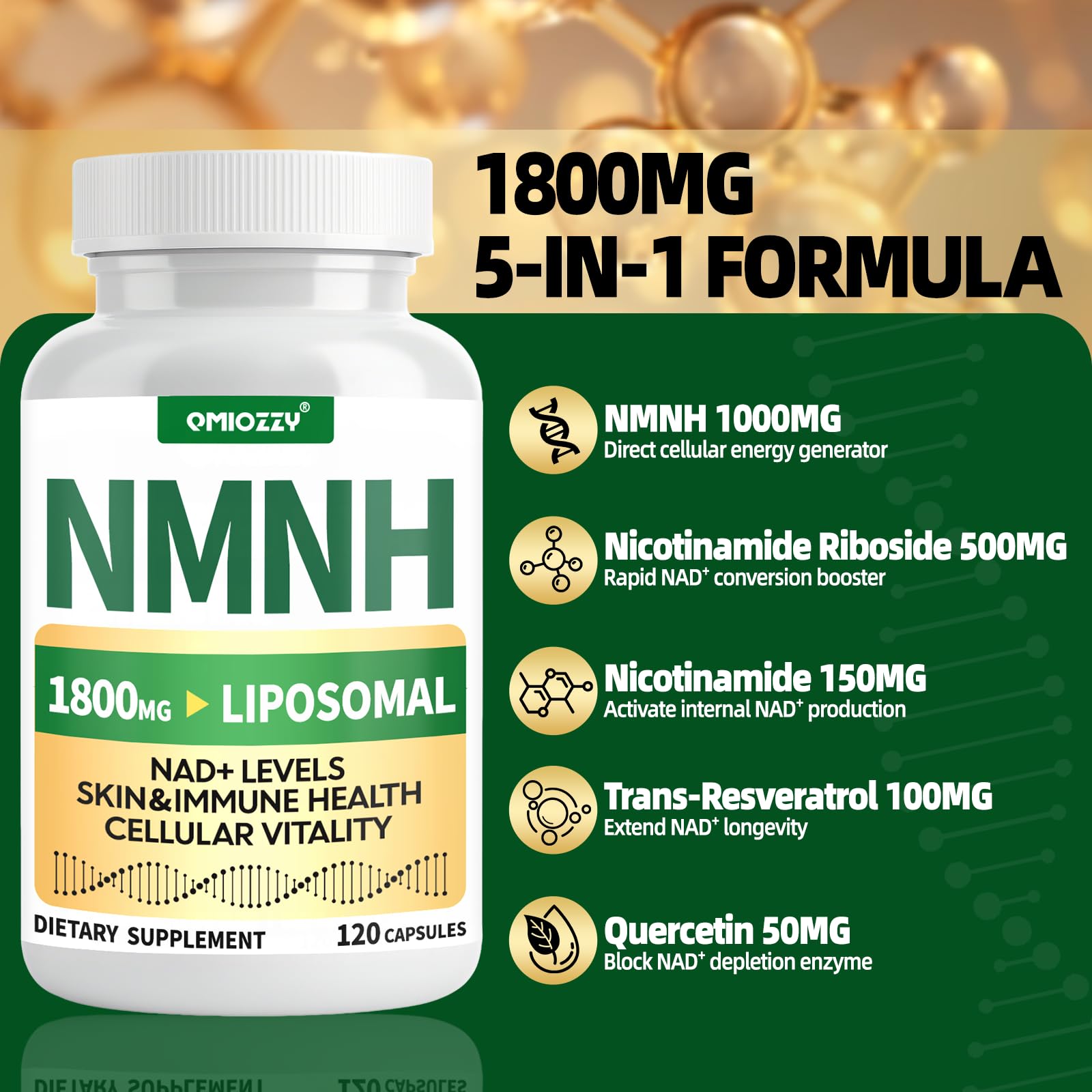 NMNH Supplement 1000mg - Nicotinamide Mononucleotide Alternative, Boost NAD+ with Liposomal Resveratrol & Nicotinamide Riboside NR, for Healthy Cellular, Aging, Energy, 120 Vegan Non-GMO Capsules Qmiozzy uk supplements