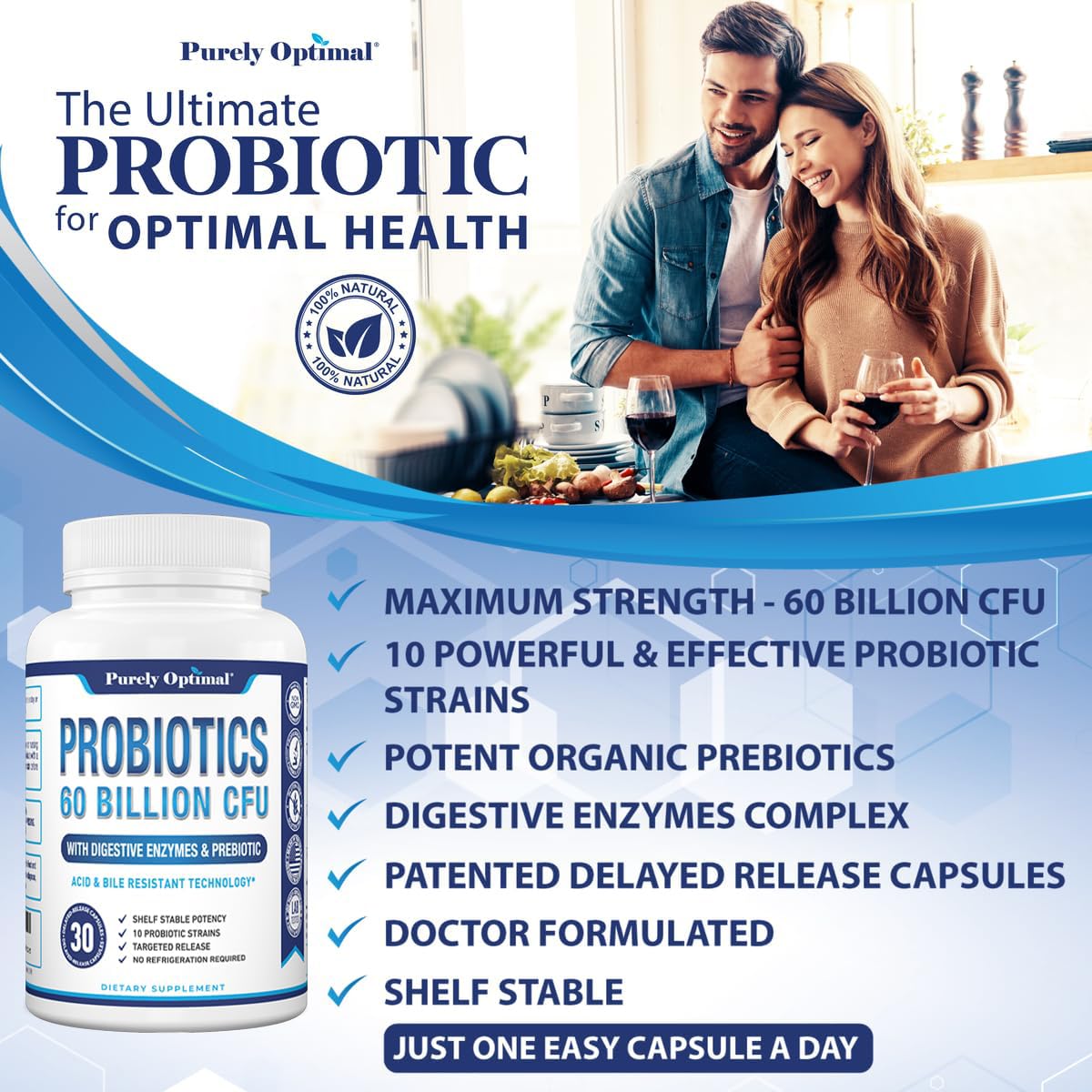 Purely Optimal Probiotics for Digestive Health, 60 Billion CFU – Delayed-Release with Digestive Enzymes & Organic Prebiotics – Bloating, Immune & Energy Support, 30 Caps Purely Optimal uk supplements