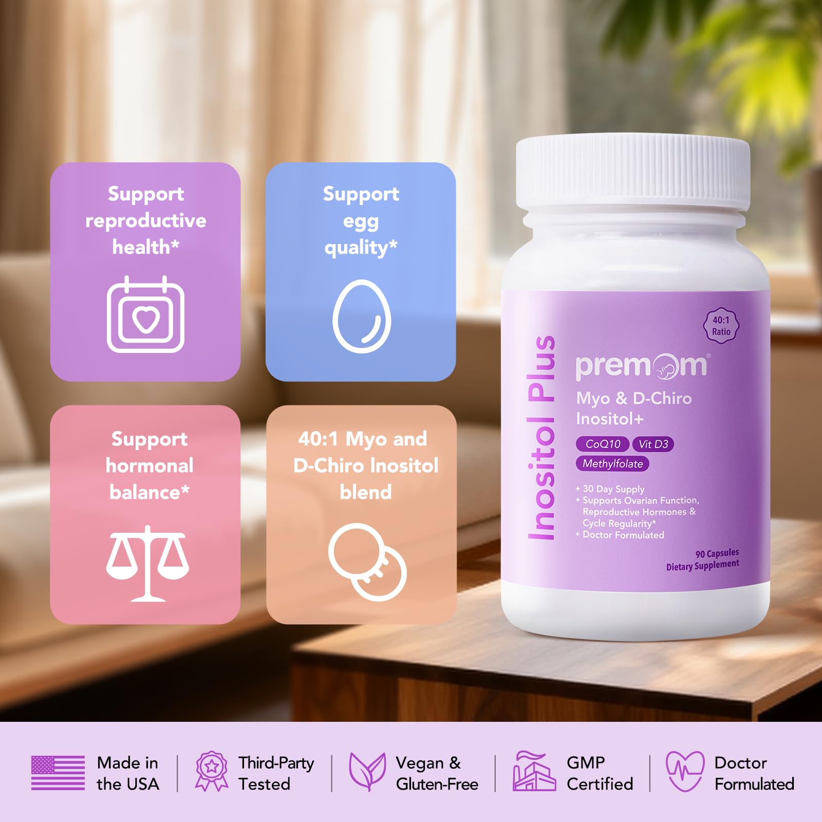 Premom Inositol Plus - 2000mg Myo-Inositol & 50mg D-Chiro Inositol, CoQ10, Folate & Vitamin D3-40:1 Ratio - Supports Hormonal Balance, Ovarian & Reproductive Health - 30 Day Supply Premom uk supplements