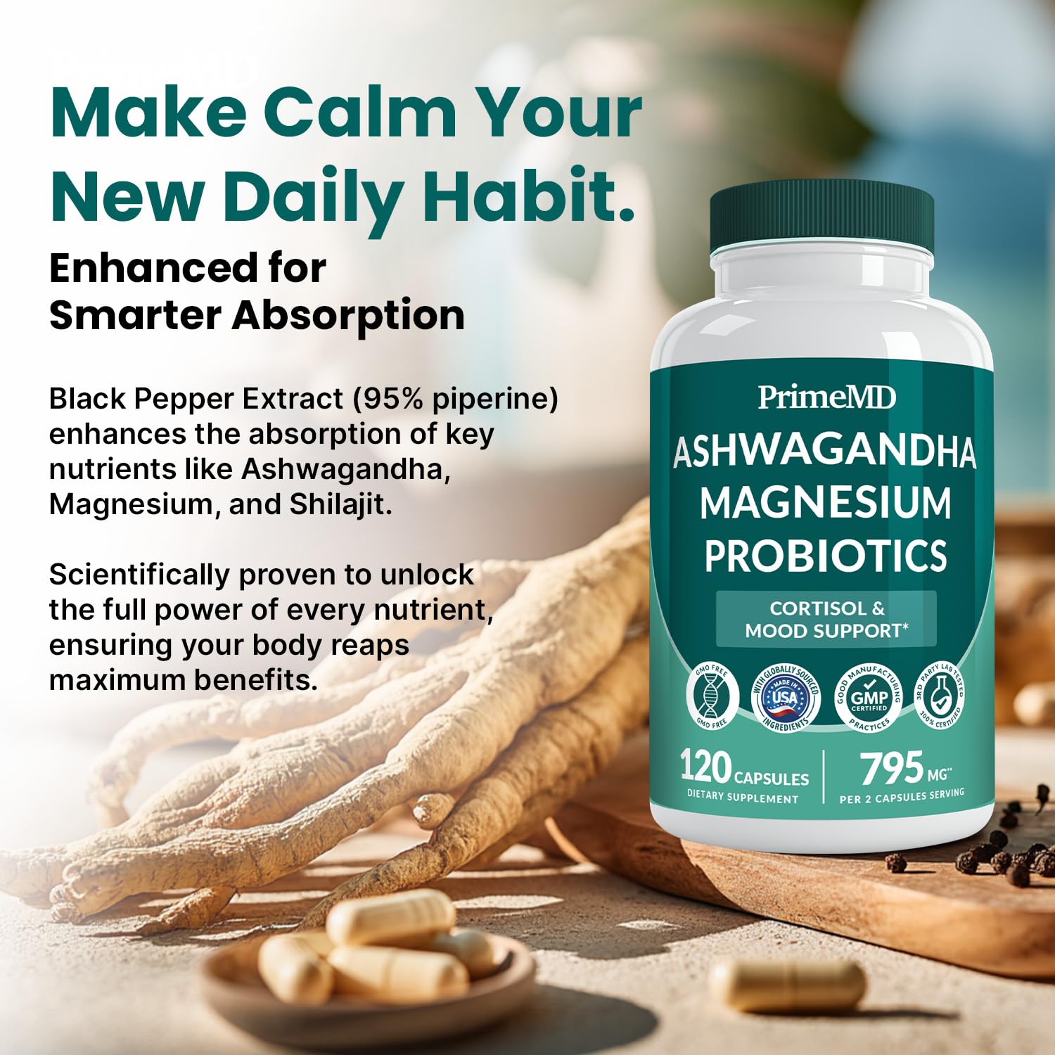 5-in-1 Cortisol Supplement for Women and Men with Ashwagandha for Calmness, Focus, and Adrenal Support Supplements with Shilajit Extract, Magnesium Glycinate, Probiotics (120 ct) (Pack of 1) PrimeMD uk supplements