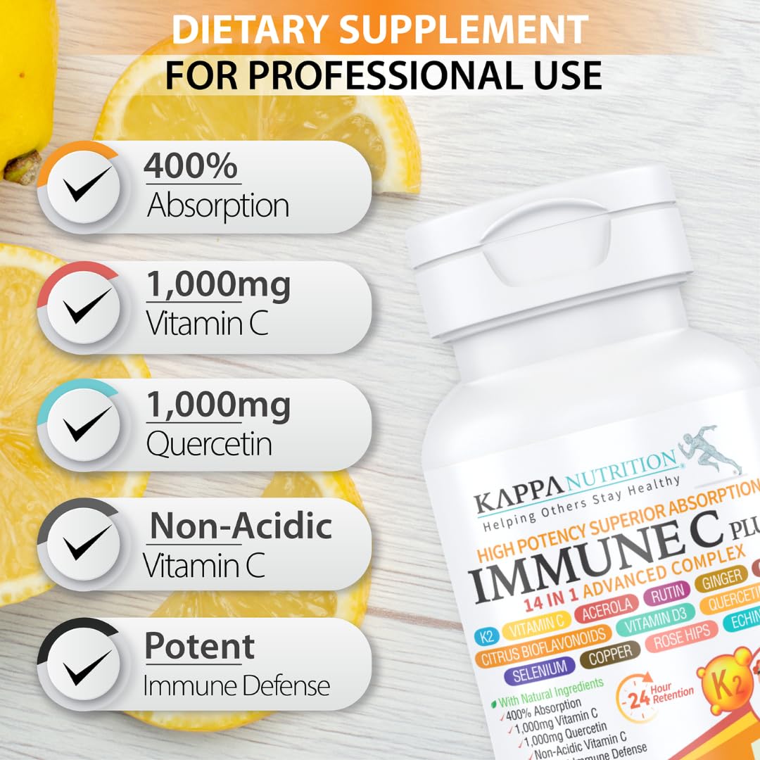 Quercetin 1,000mg, Vitamin C 1,000mg, Zinc 50mg, Vitamin D3 5,000iu, Selenium, Copper, Acerola, Ginger, Rutin, Bitter Orange, Rose Hips, Echinacea, Immune C Plus, 14 in 1 Immune C Plus (90 Count) KAPPA NUTRITION uk supplements