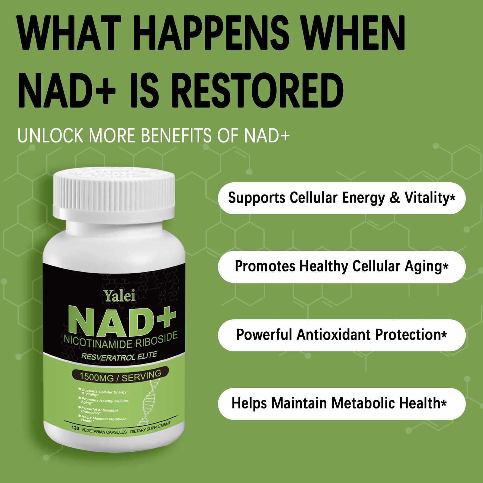 Yalei NAD Resveratrol Supplement 1500mg,120 Veggie Capsules | Liposomal NAD Plus Boosting | Support Cellular Health, Stamina & Healthy Aging for Women & Men | Non-GMO Yalei uk supplements