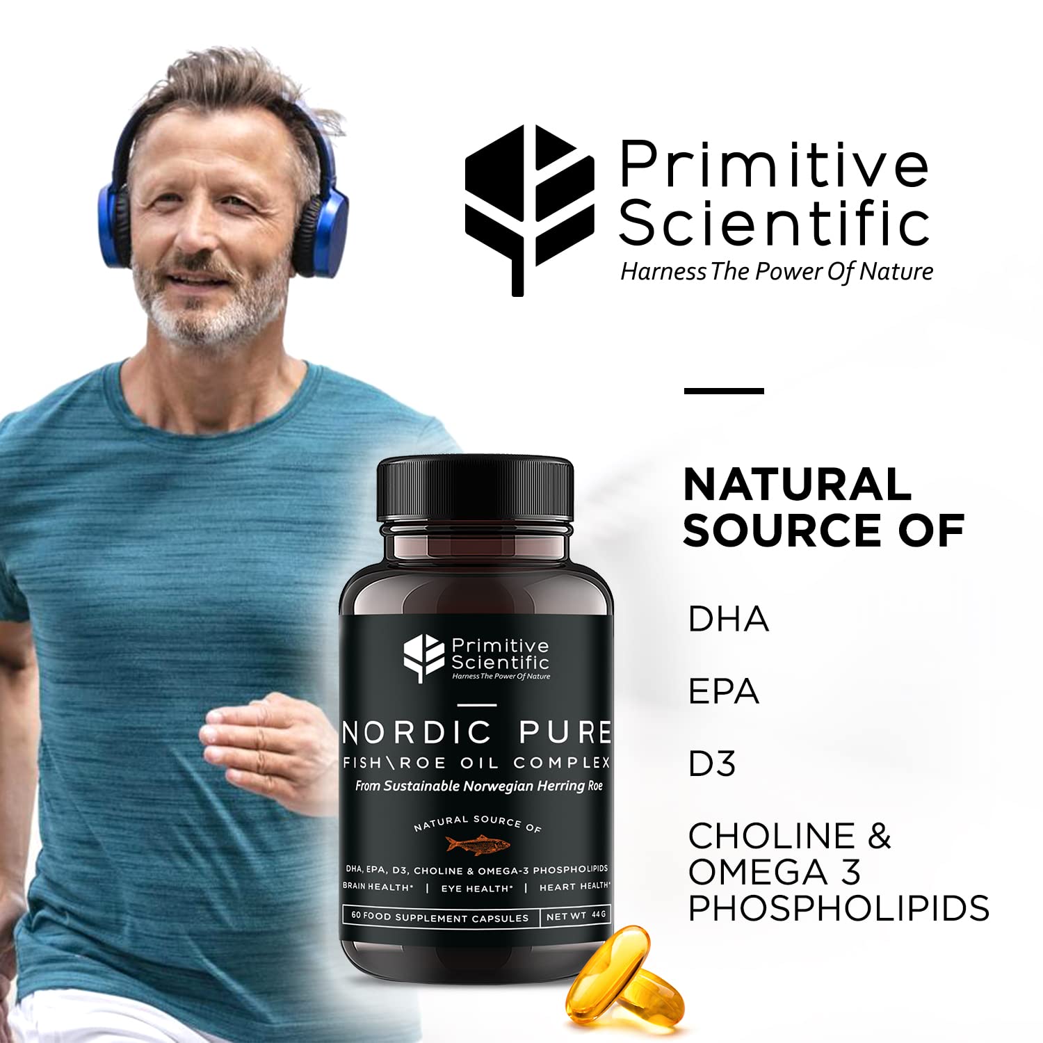 Primitive Scientific Nordic Pure Oil Complex (60 Fish Oil Capsules) for Brain, Immunity & Vision - Heart Supplement w/EPA, DHA, Vitamin D3, Choline - Omega 3 Supplements Primitive Scientific uk supplements