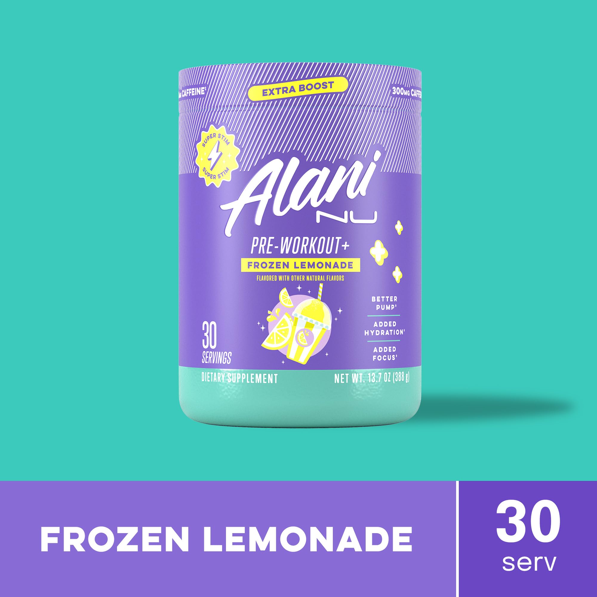 Alani Nu Pre Workout+ Powder Frozen Lemonade, Extra Boost, Sugar Free, 300mg Caffeine, L-Theanine, Beta-Alanine, Citrulline, 30 Servings Alani Nu uk supplements