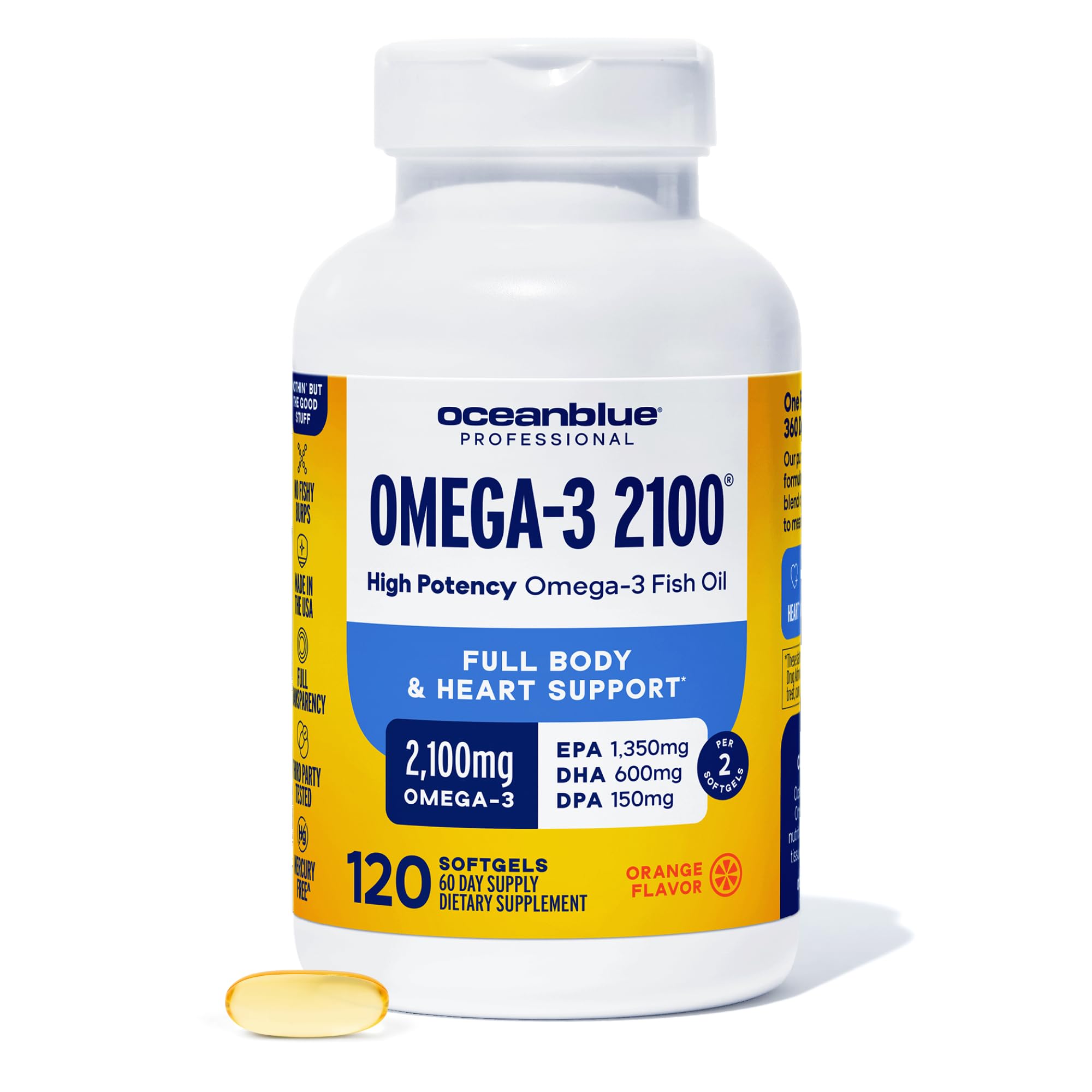 Oceanblue Professional Omega-3 2100mg Fish Oil Supplement – Triple Strength, High Potency EPA, DHA & DPA – Burpless, Wild-Caught, Natural Orange Flavor – 120 Count (Pack of 1) Oceanblue uk supplements
