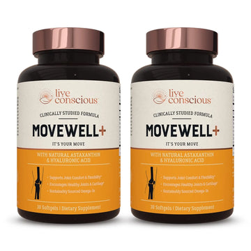 Live Conscious Joint Health Supplement - MoveWell Plus Antarctic Krill Oil, Natural Astaxanthin and Hyaluronic Acid | Outperforms Glucosamine (2 Pack) Live Conscious uk supplements