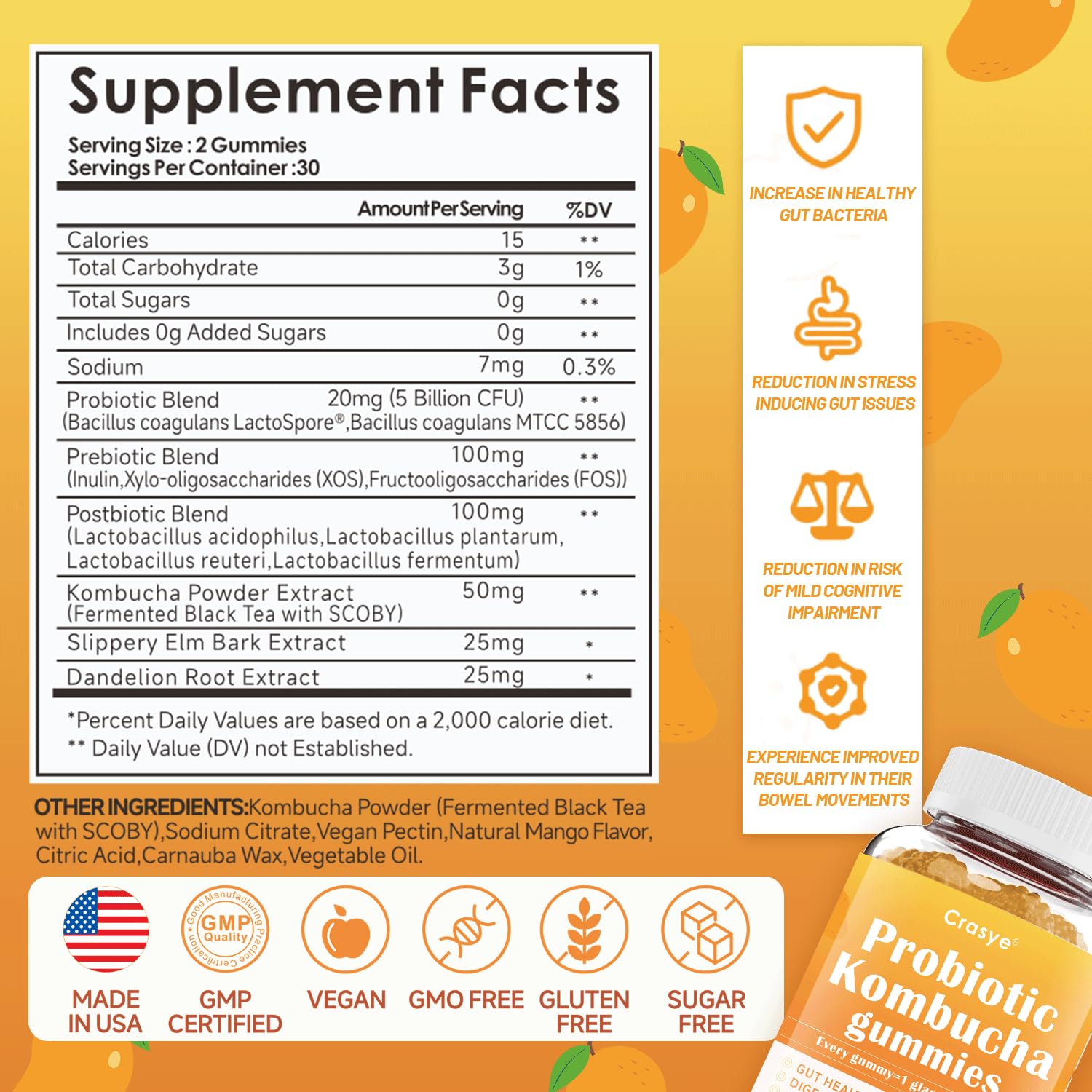 Crasye Probiotic Kombucha Gummies Sugar Free Prebiotic Postbiotic Probiotics Gummies with Slippery Elm for Women and Men Bloating Gut Health Immune and Digestive Support - 60 Gummies - 30 Servings Crasye uk supplements