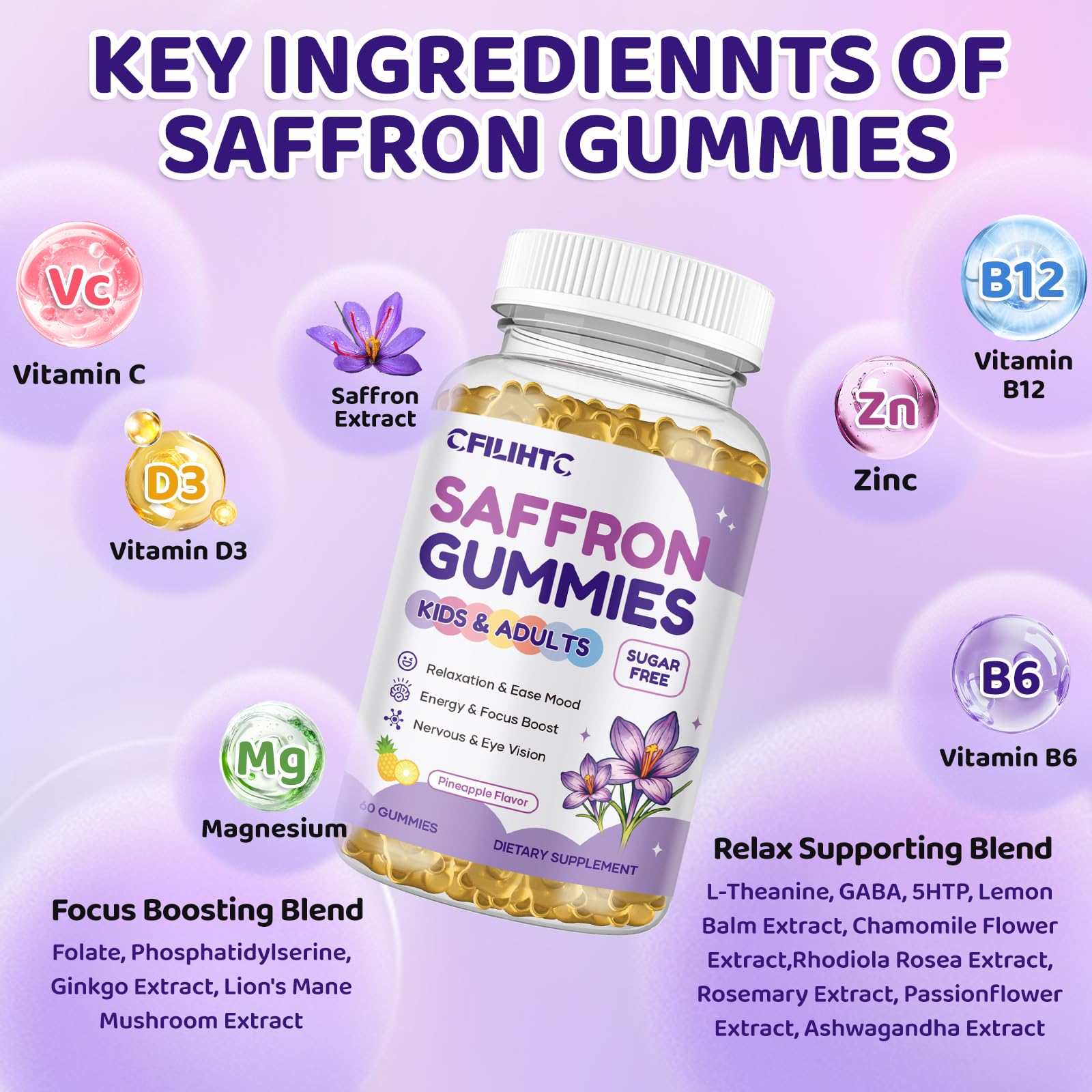 Saffron Gummies for Kids & Adults, 20-in-1 Saffron Supplements with 88.5mg Saffron Extract, B6, B12, C, D3, Magnesium for Calm, Focus, Nerve, Sugar Free, Vegan, Non-GMO - Pineapple Flavor, 60 Counts CFILIHTC uk supplements