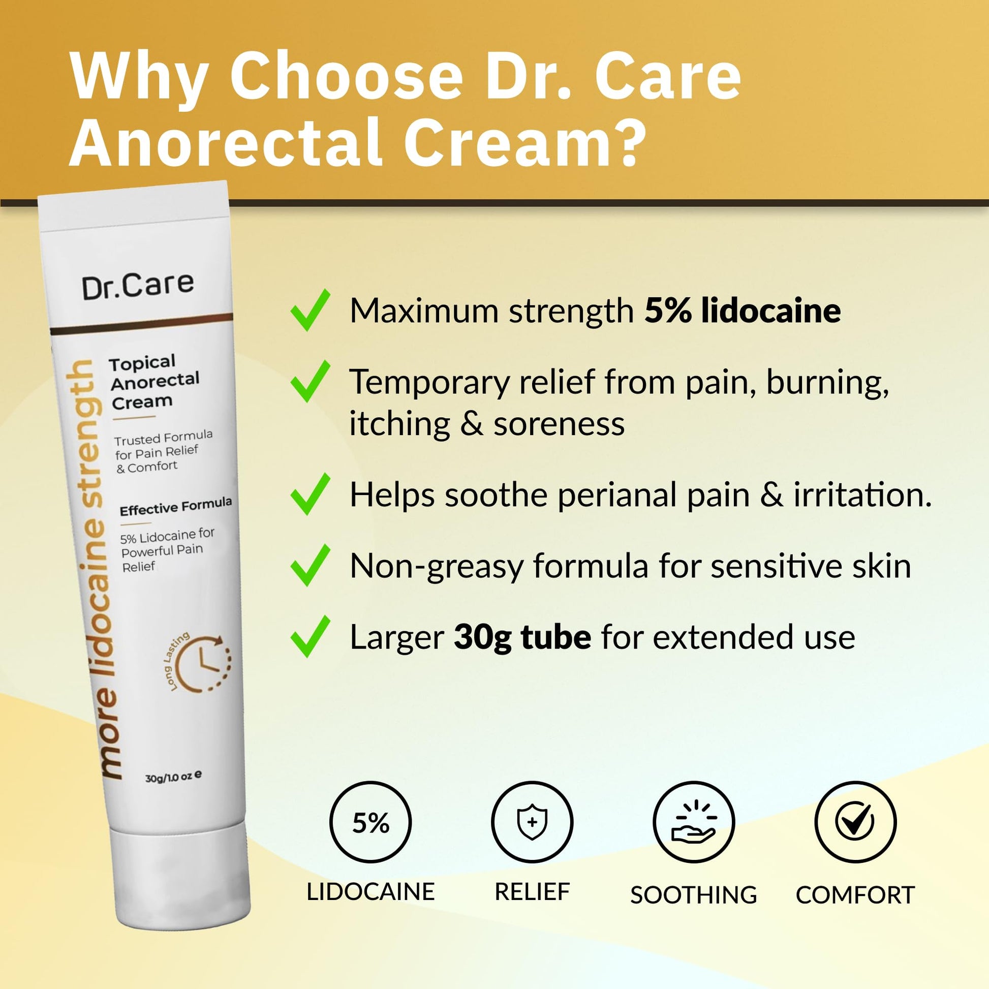 Dr Care Anorectal Cream with 5% Lidocaine - Maximum Strength Topical Anesthetic for Hemorrhoid Relief, Itching, & Burning (1.0 oz) Dr Care uk supplements