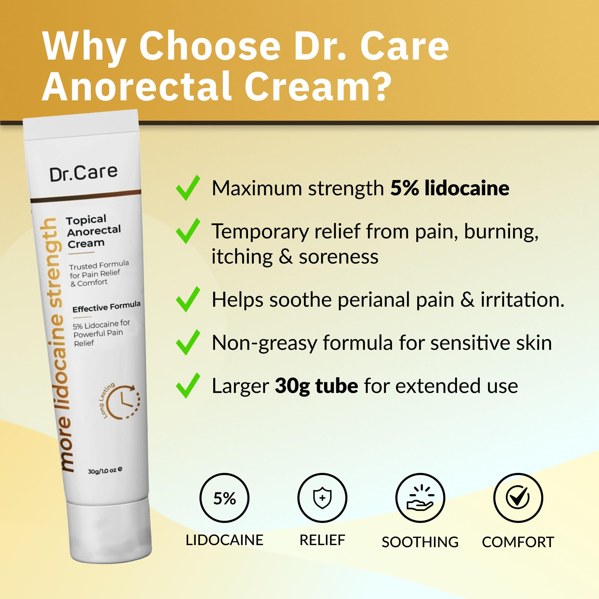 Dr Care Anorectal Cream with 5% Lidocaine - Maximum Strength Topical Anesthetic for Hemorrhoid Relief, Itching, & Burning (1.0 oz) Dr Care uk supplements