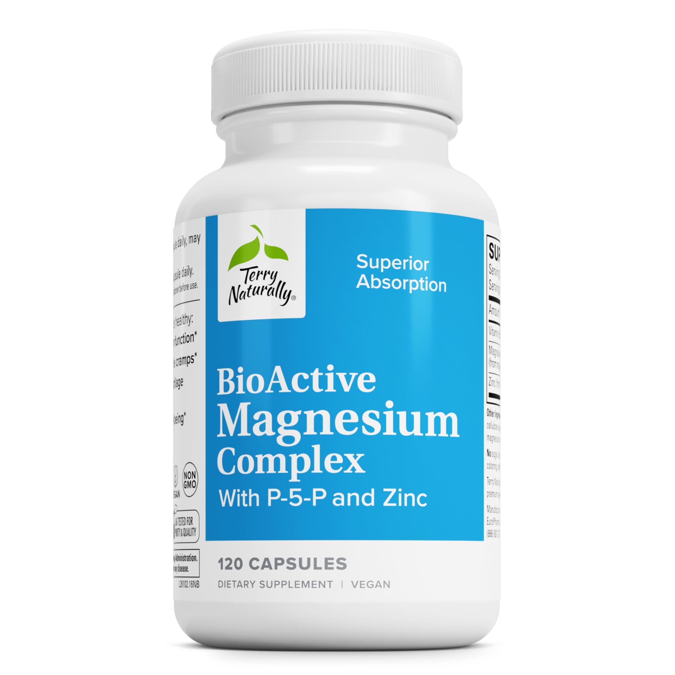 Terry Naturally BioActive Magnesium Complex - Bone & Heart Health Support - Supplement with Vitamin B6, Zinc & Magnesium - Pyridoxal-5-Phosphate Vegan Capsule Supplement - 120 Capsules Terry Naturally uk supplements