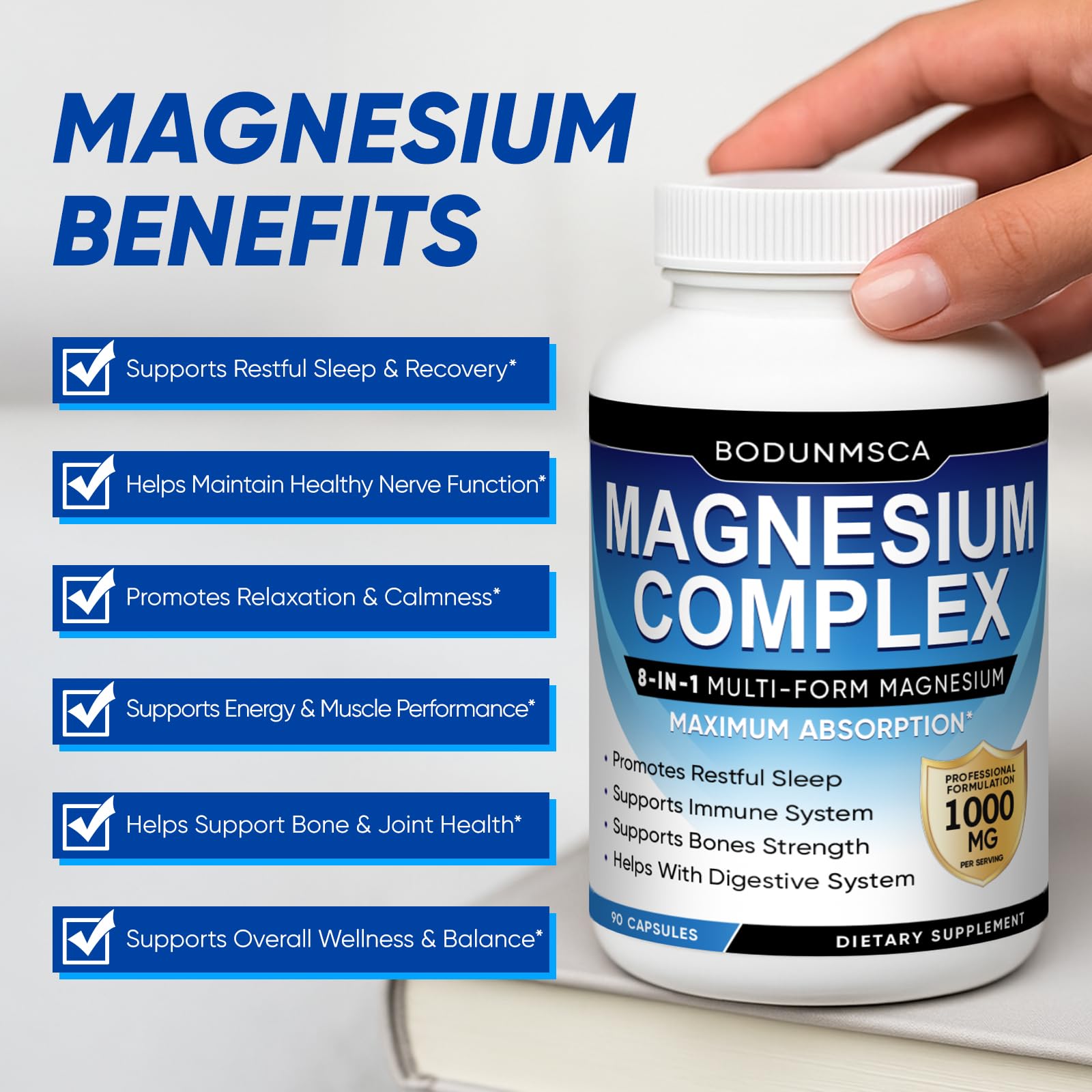 Magnesium Complex, 8 in 1, 1000mg-Glycinate, Citrate, Malate for Easy Absorption, Full Spectrum Magnesium Complex,Supports Relaxation, Sleep & Muscle Function, Magnesio Complex for Women, 180 Capsules BODUNMSCA uk supplements
