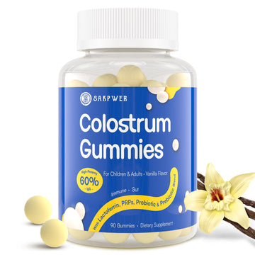 Sakpwer Bovine Colostrum Supplement Gummies - with 60% Highest IgG, Lactoferrin, Probiotics and Prebiotics for Adults and Kids, Vanilla Flavor & Sugar Free, 90 Gummies Sakpwer uk supplements