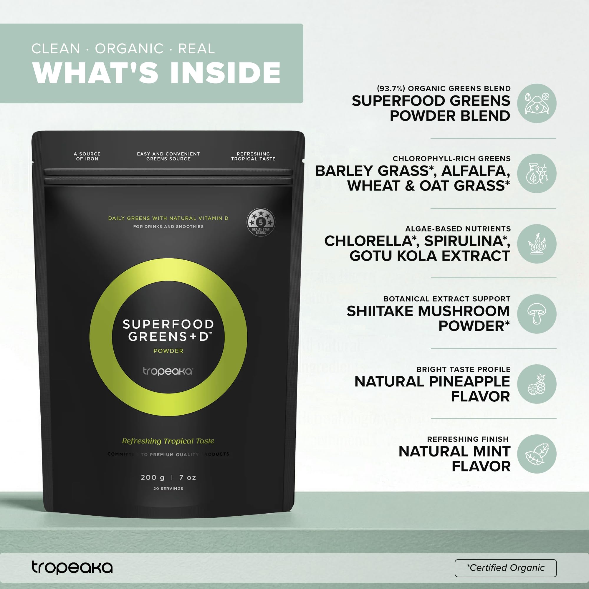 Tropeaka Superfood Greens + D - Antioxidant Green Powder for Energy, Immune System, & Gut Health, Rich in Chlorophyll & Essential Nutrients, Vitamin D, Vegan, Gluten Free, Non-GMO - 7oz (20 Servings) Tropeaka uk supplements