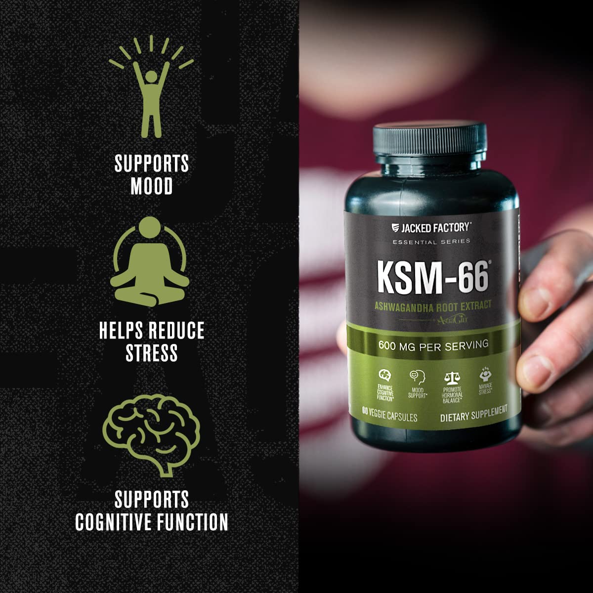 Jacked Factory Ashwagandha Root Extract (KSM-66 Ashwagandha) w/ 5% Withanolides - Supplement for Natural Stress Relief, Cognitive Function, Vitality, and Mood Support - 60 Veggie Capsules Jacked Factory uk supplements
