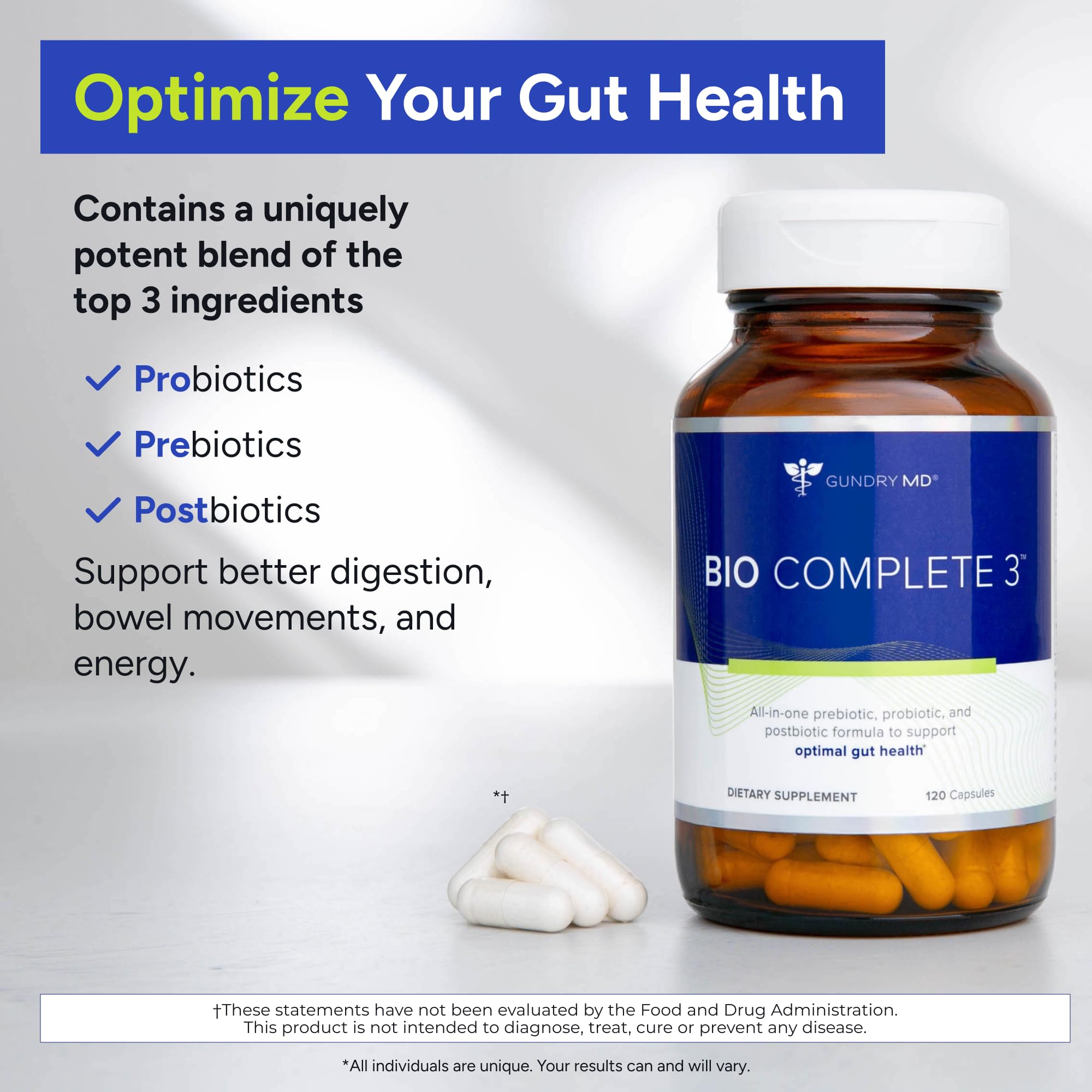 Gundry MD® Bio Complete 3, 3-in-1 Probiotics for Gut Health, Probiotic Supplements for Digestion, Supplement Supporting Bloating, Gas, Food Cravings, Energy Levels, Skin, and Focus, 30 Day Supply Gundry MD uk supplements