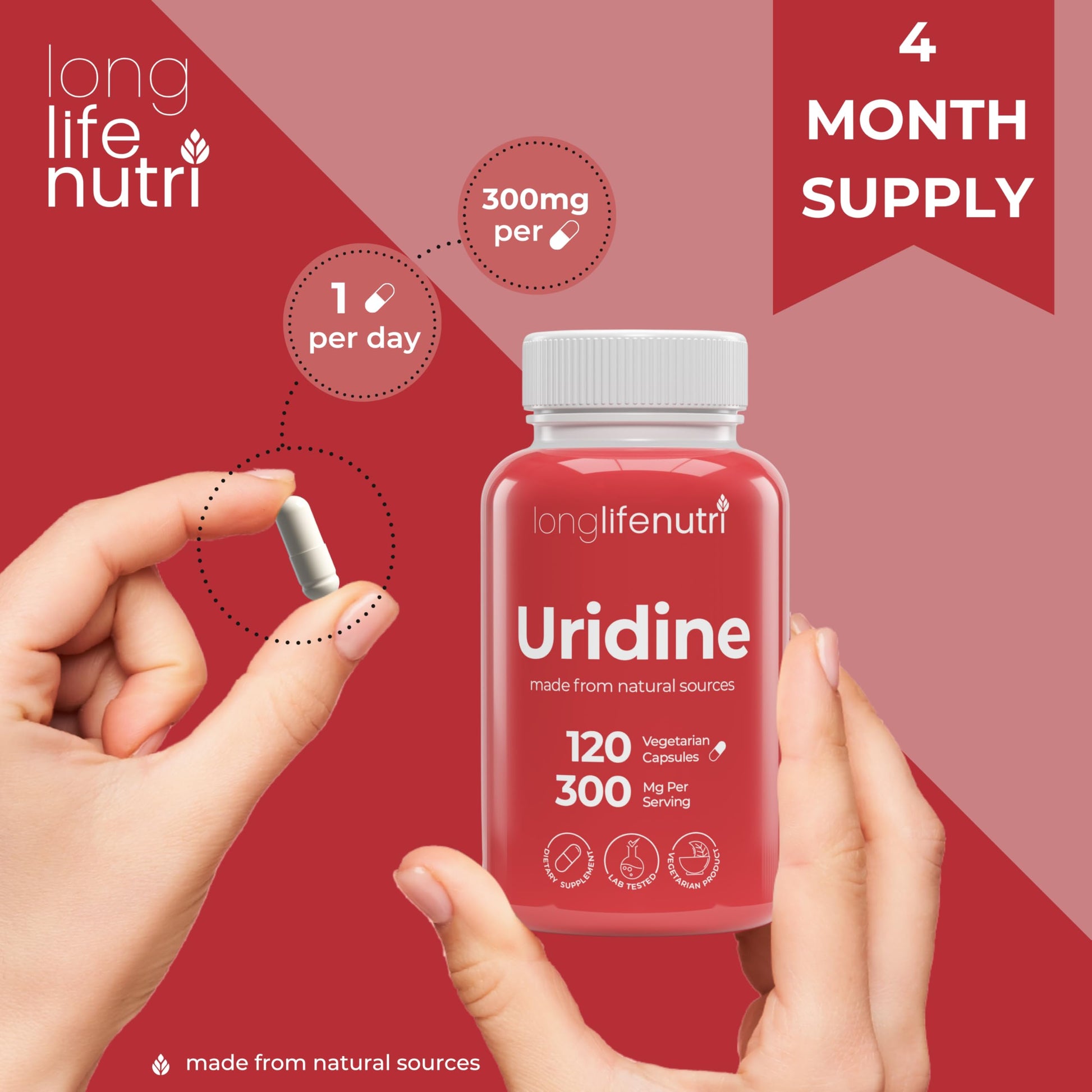 LongLifeNutri Uridine Monophosphate 300mg – Choline Precursor & Synaptic Function, Nootropic for Focus & Mental Performance, 120 Vegetarian Capsules, 4-Month Supply, GMP Certified, Made in USA LongLifeNutri uk supplements