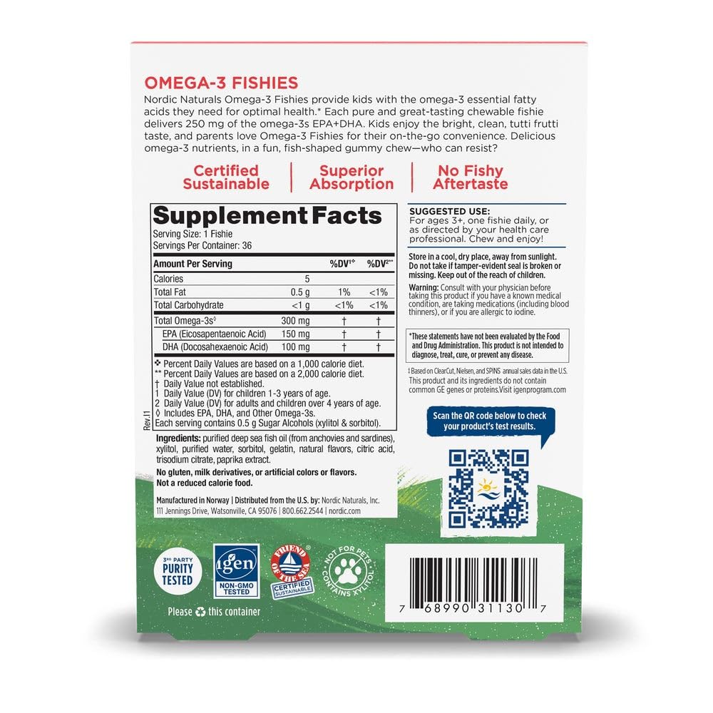 Nordic Naturals Nordic Omega-3 Fishies, Tutti Frutti - 36 Fishies - 300 mg Total Omega-3s with EPA & DHA - Healthy Brain, Mood, Vision & Immune System - Non-GMO - 36 Servings Nordic Naturals uk supplements