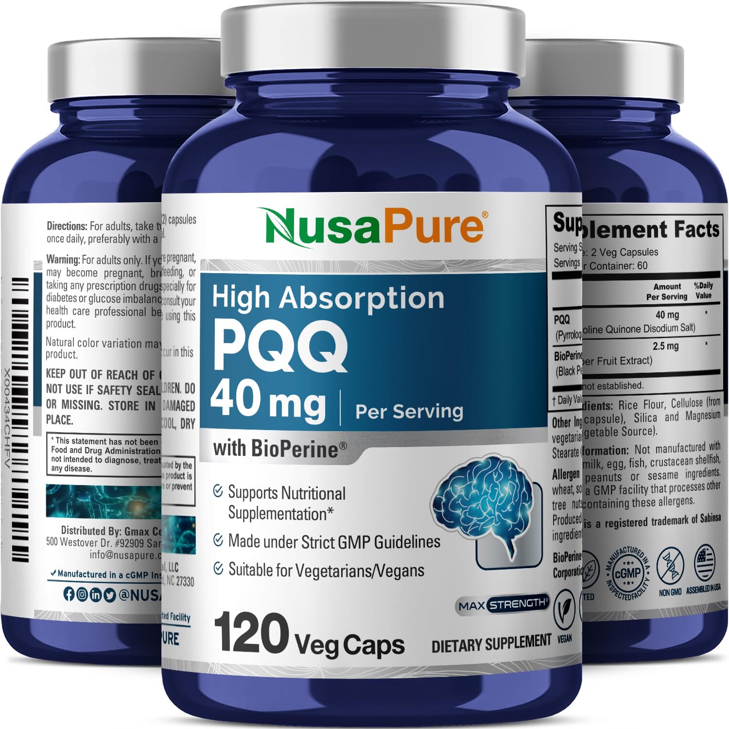 NusaPure PQQ Supplement 40 mg, 120 Veggie Capsules, Non-GMO, Pyrroloquinoline Quinone Disodium Salt, Bioperine & Vegan NusaPure uk supplements