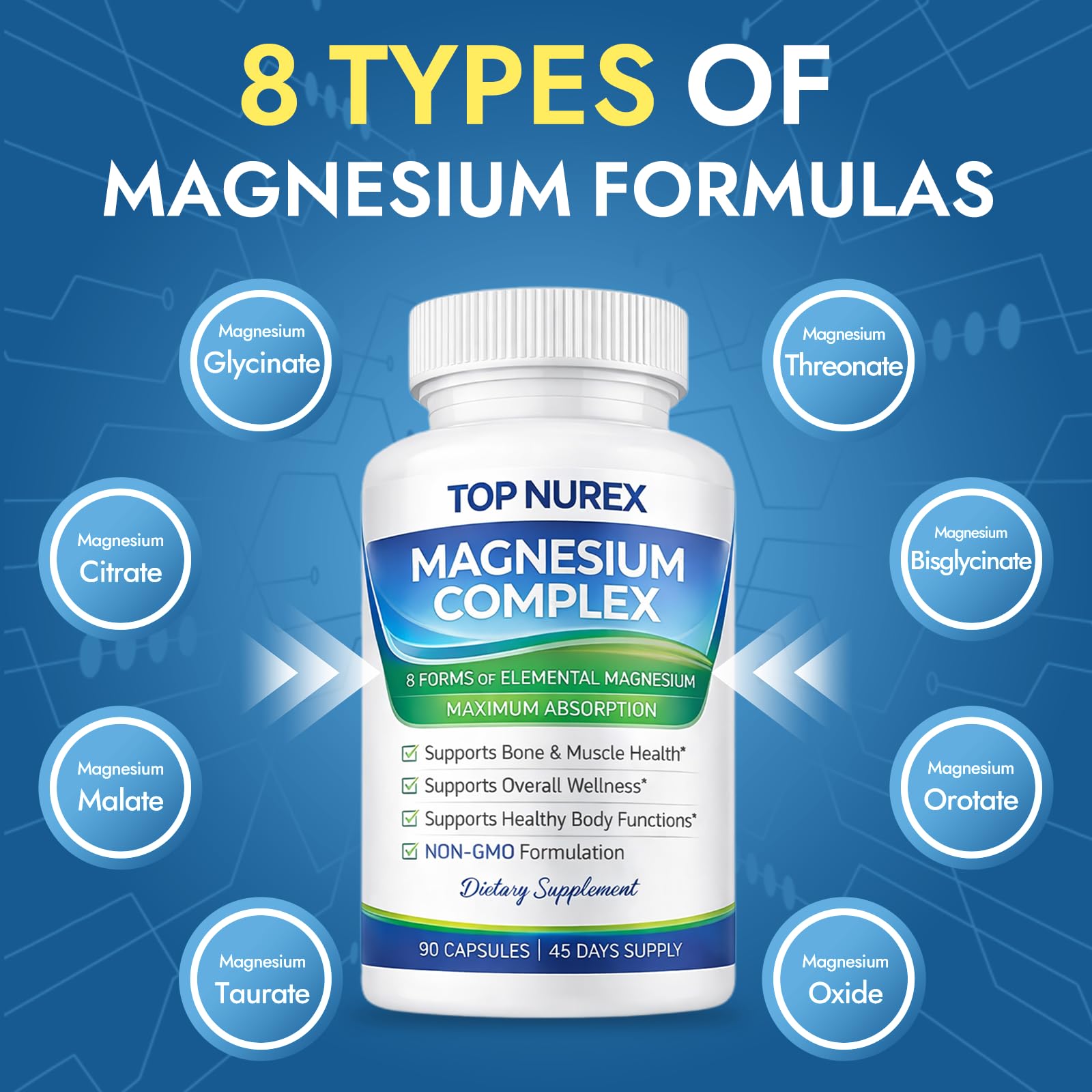 Top Nurex Magnesium Complex 1000 mg, 8-Source Magnesium Blend with Glycinate, Citrate, Malate & Taurate, Vegan Formula, Non-GMO, 90 Capsules Top Nurex uk supplements