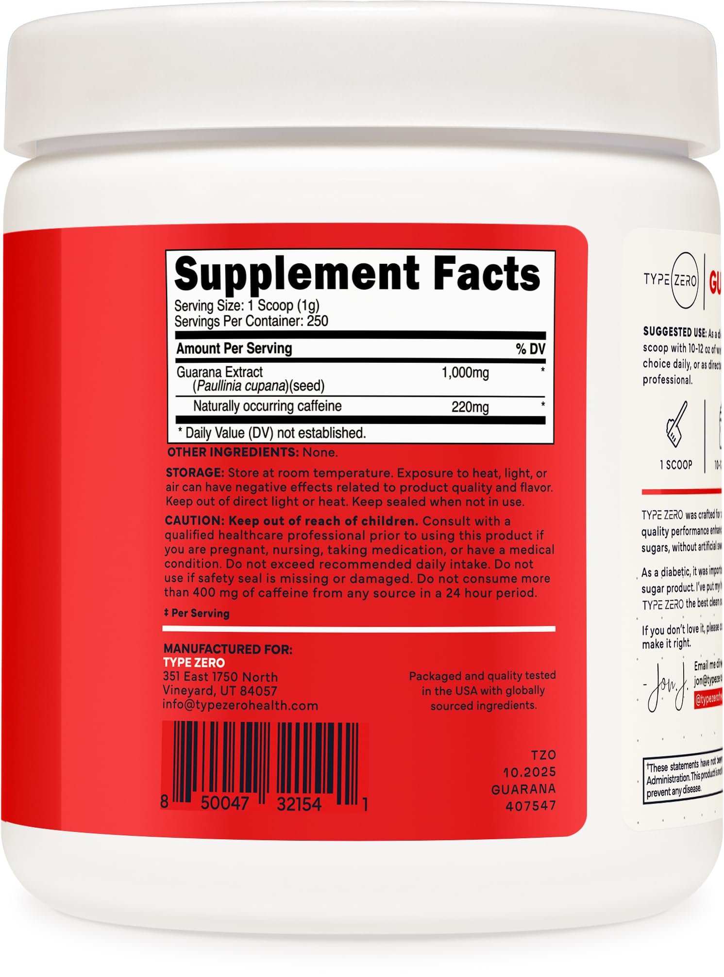 Type Zero Clean Guarana Powder Drink Mix (250 Servings, Unflavored) - 220 MG Caffeine Per Serving, Natural Caffeine, Non GMO, Gluten Free Type Zero uk supplements