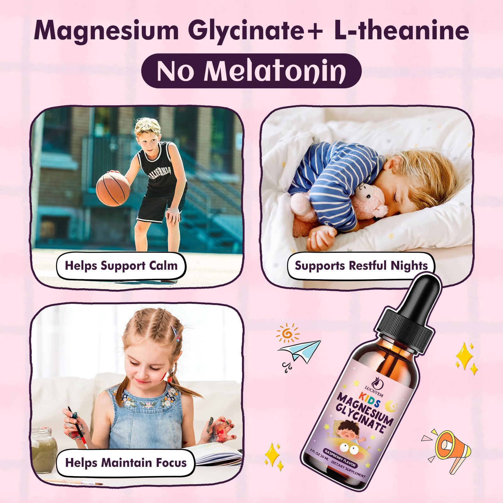 Kids Magnesium Glycinate Sleep Liquid Drops – Sleep & Calm Support with L-Theanine – Melatonin-Free, Sugar-Free Vegan Raspberry Supplement – 2 Bottles, 30ml Each LUCNVEM uk supplements