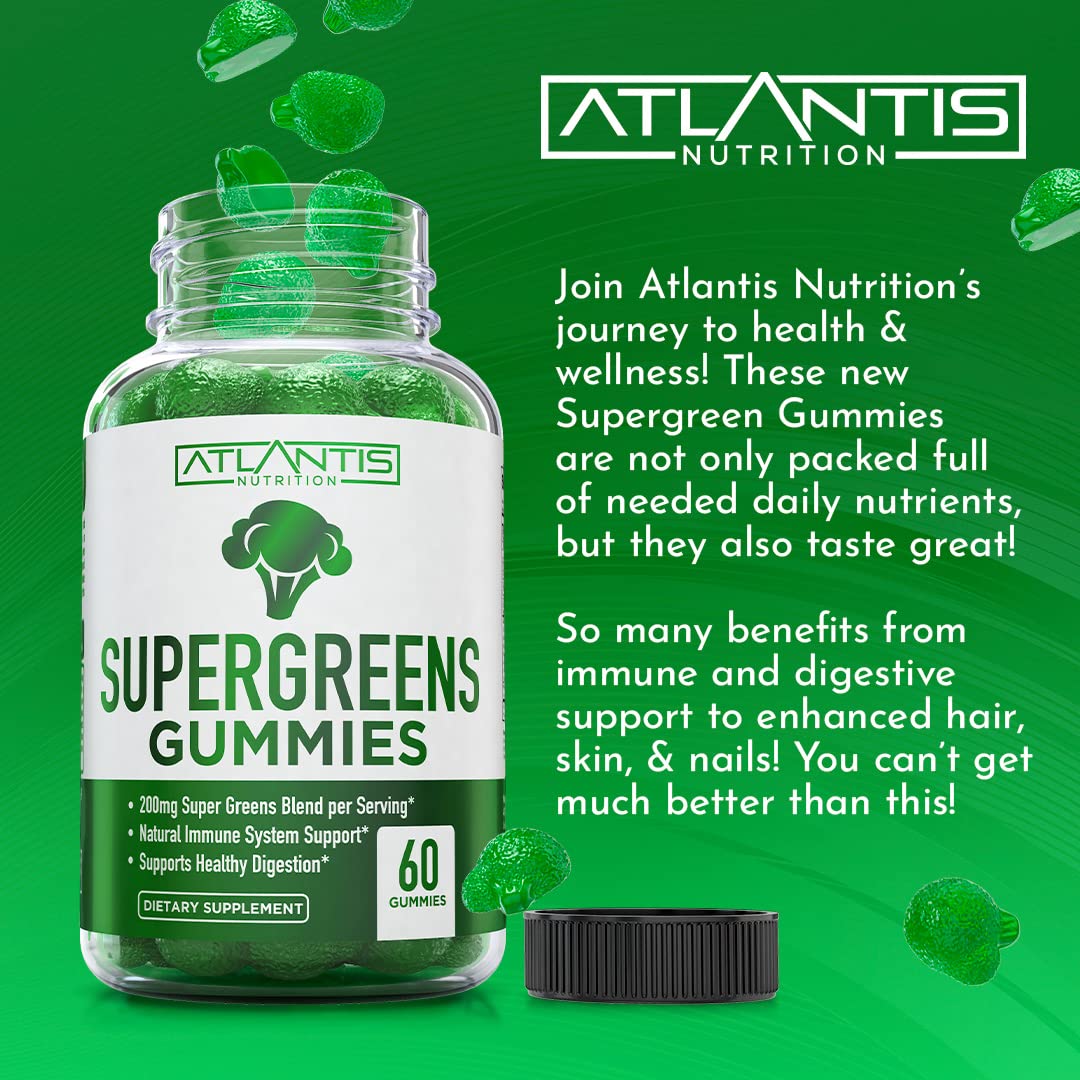 Atlantis Nutrition Supergreens Gummies - Daily Green Superfoods Supplement with Spinach, Broccoli, Moringa, Beet Root, Celery, Green Tea, & Acai for Immunity Support - Natural Raspberry Flavor, 60 cnt Atlantis Nutrition uk supplements