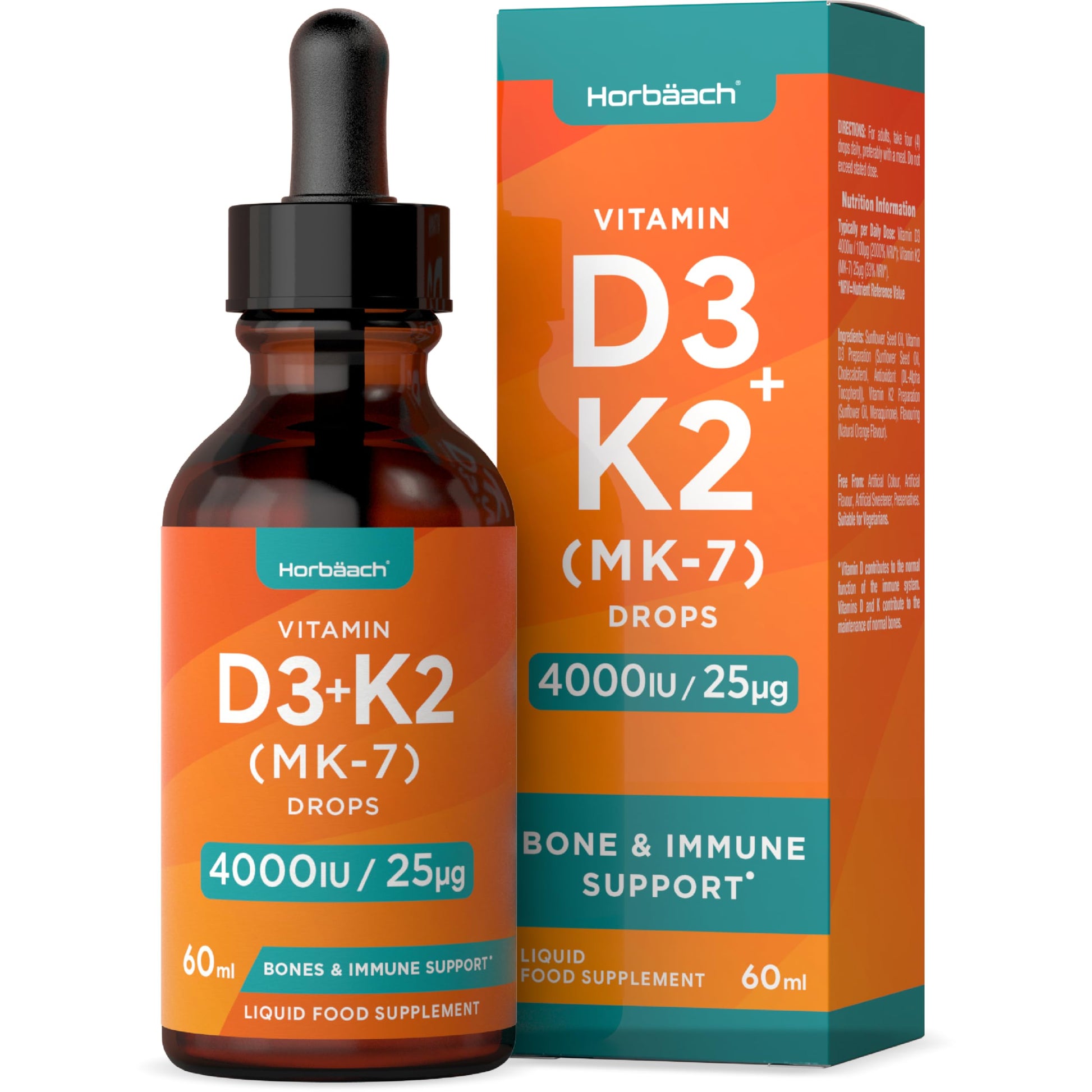Vitamin D3 K2 Drops | 60mL | High Strength Vitamin D3 4000iu and K2 25ug | No Artificial Horbäach uk supplements