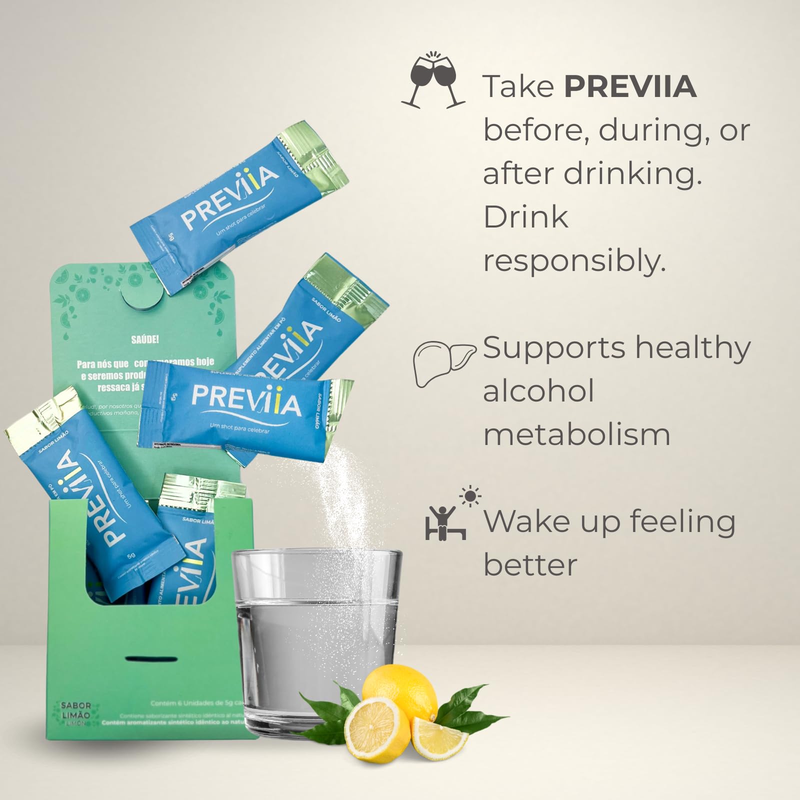 Previia – Pre-Drink Supplement | Nutrients Before Social Drinking | Cysteine, Choline, B-Complex, Magnesium, VIT C | Lemon Flavor | Soluble Drink | 6 Doses | Feel Better After Drinking Previia uk supplements