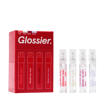 Glossier You Mini Wardrobe Fragrance Set - 4 Unisex Travel Size Eau de Parfum for Women & Men - Skin-Scent Enhancer Perfume Sampler, Smells Different on Everyone - You, Fleur, Doux, Rêve - 1.5ml Each Glossier uk supplements