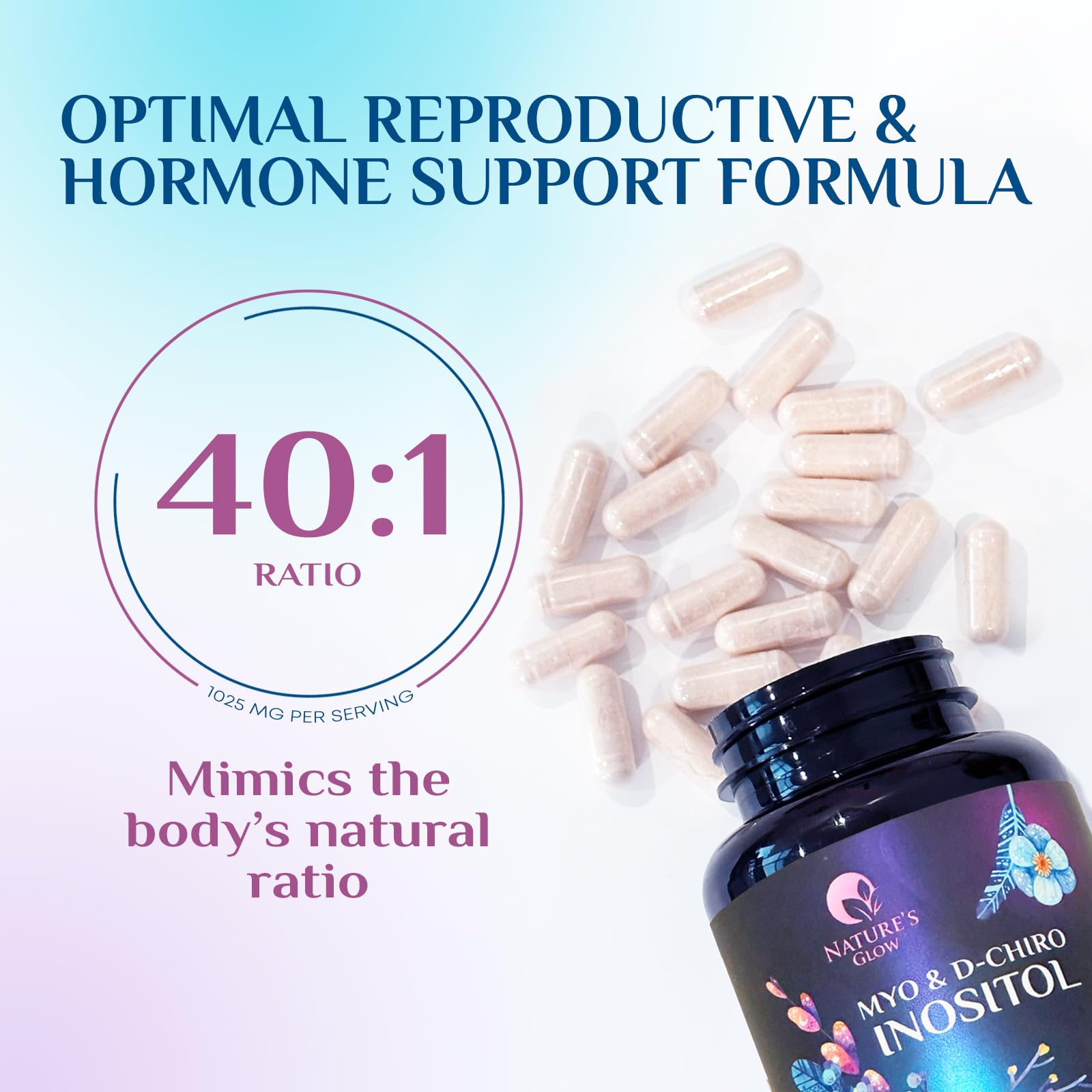 Myo-Inositol & D-Chiro Inositol 1025mg - 40:1 Ideal Ratio for Ovarian Support, Vegan Myo & D Chiro Supplement for Women's Natural Balance and Hormone Support, Vitamin B8, Non-GMO - 120 Capsules Nature's Glow uk supplements