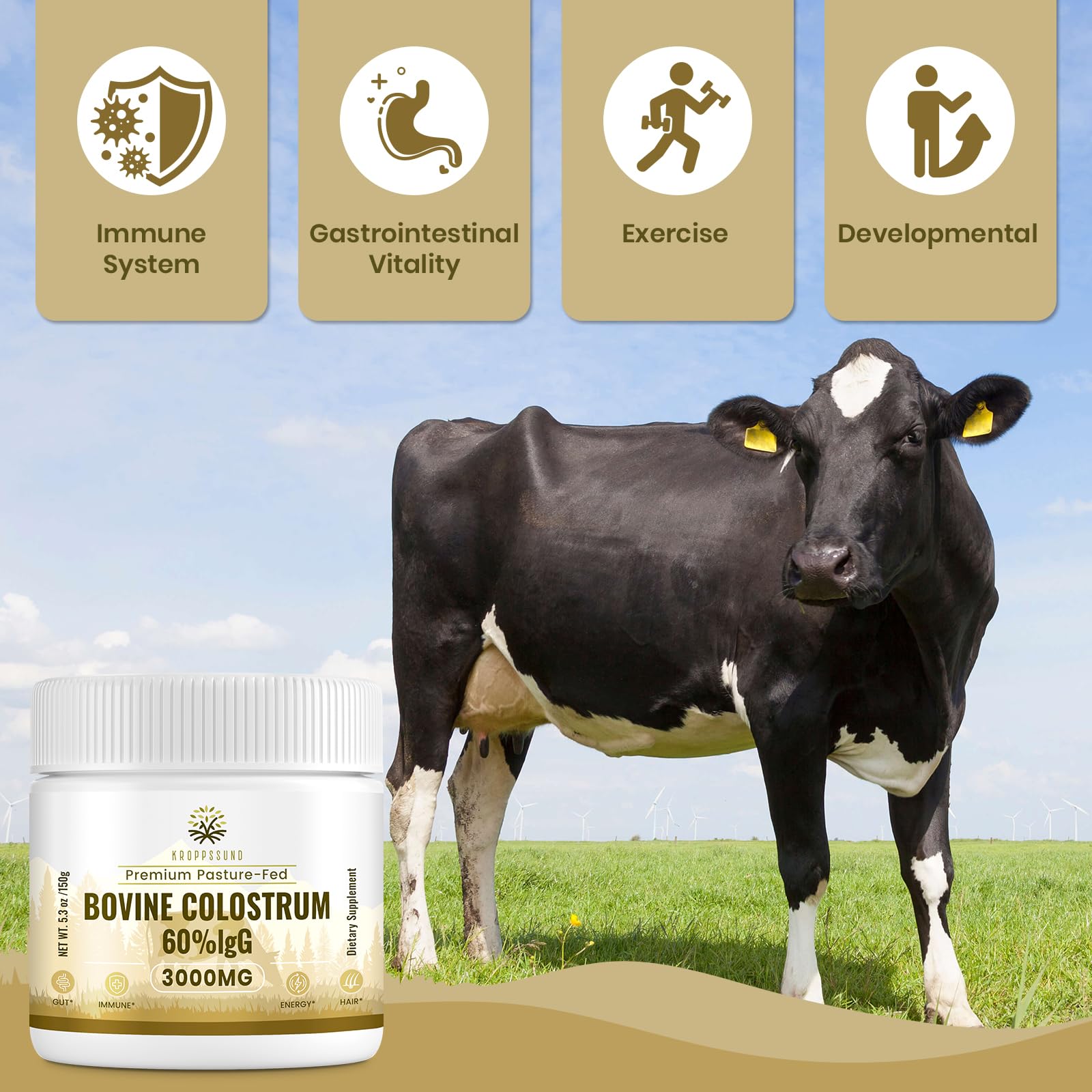 Kroppssund Bovine Colostrum Powder Supplement 3000 mg - Extra High 60% IgG Bovine Colostrum - Gut, Bone, Exercise, Immune - 50 Servings (1 Bottle) Kroppssund uk supplements
