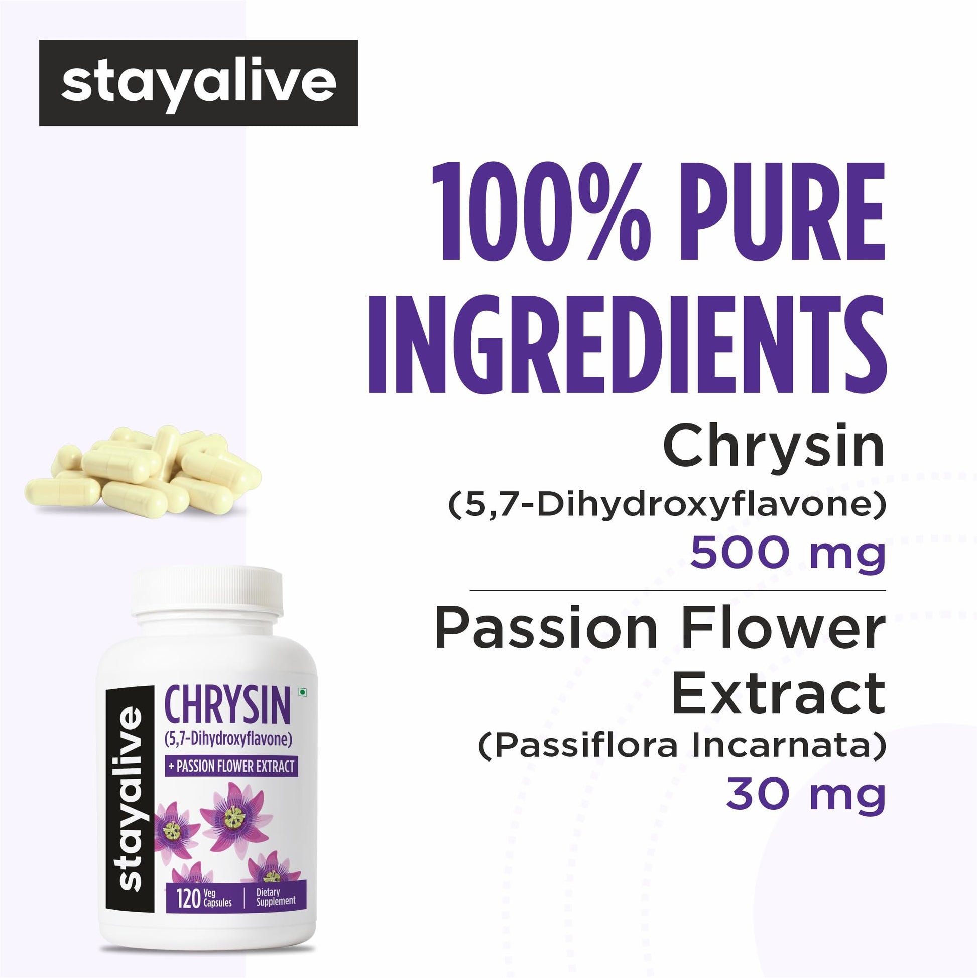 STAY ALIVE Chrysin Supplement 500mg & Passion Flower Extract Powder, 5,7-Dihydroxyflavone, Non-GMO and Gluten-Free Chrysin for Men and Women, 120 Capsules STAY ALIVE uk supplements