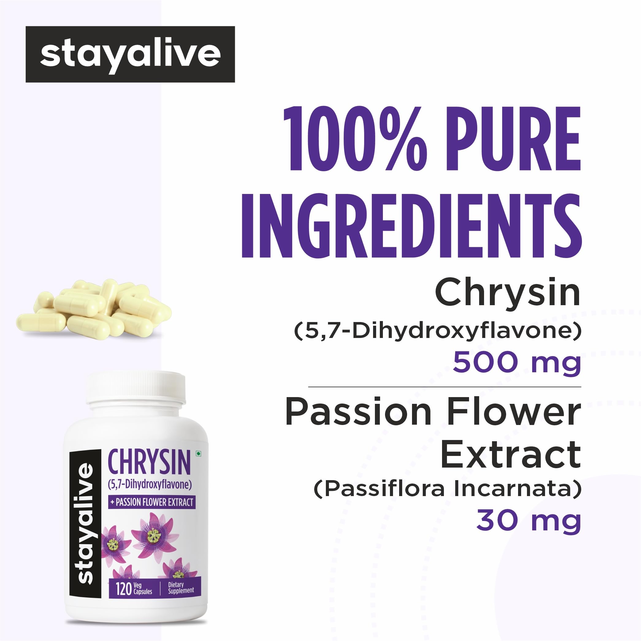 STAY ALIVE Chrysin Supplement 500mg & Passion Flower Extract Powder, 5,7-Dihydroxyflavone, Non-GMO and Gluten-Free Chrysin for Men and Women, 120 Capsules STAY ALIVE uk supplements