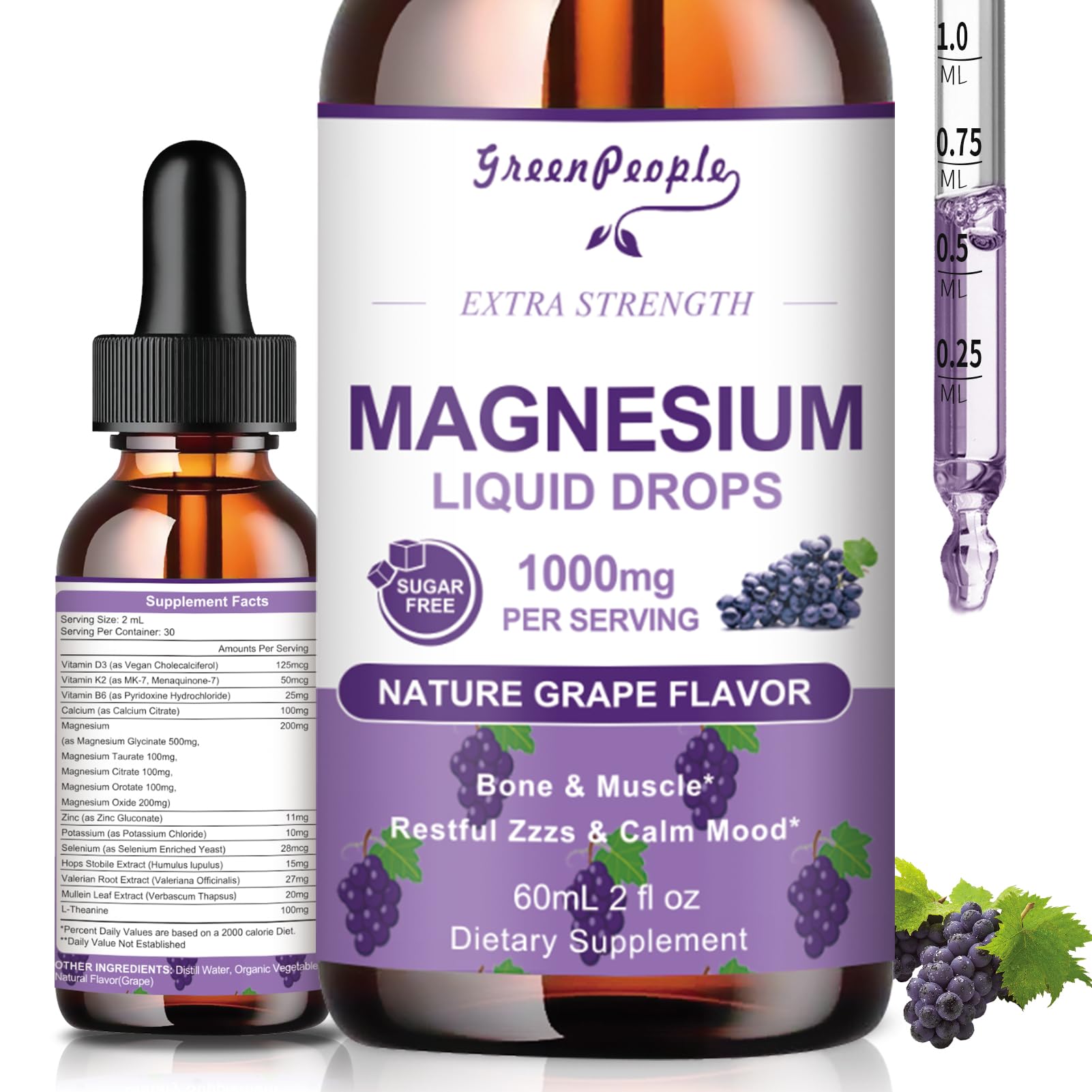 GREENPEOPLE Magnesium Glycinate Liquid Drops - 1000mg 5-in-1 High Absorption Liquid Magnesium for Sleep with D3/K2/B6 | Fast-Acting, Bone, Muscle & Sleep | Sugar-Free Grape Flavor, 2fl Oz GREENPEOPLE uk supplements