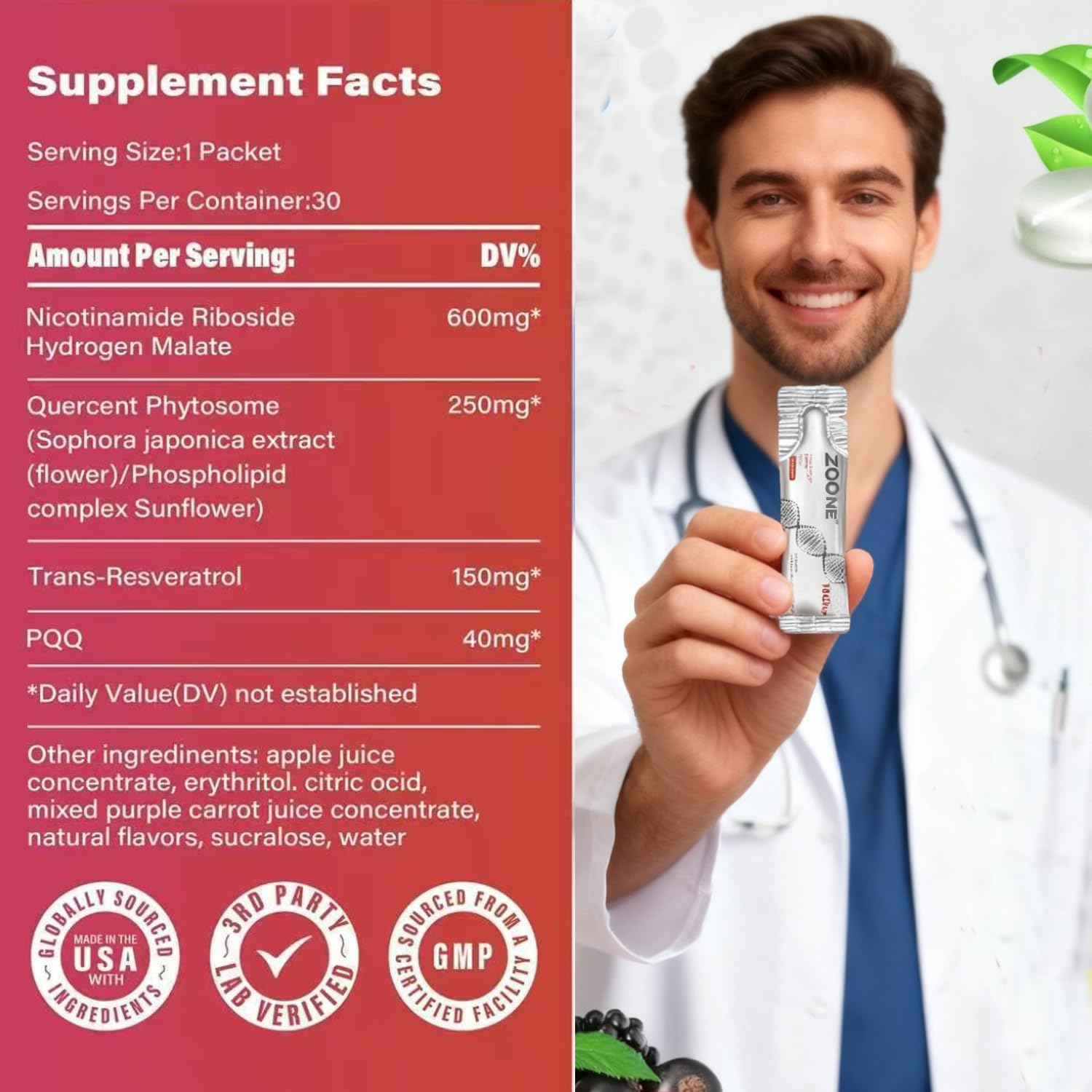 Zoone NAD Resveratrol Supplement, NAD+ Liquid Supplement 1000mg, with Nicotinamide Riboside, Resveratrol & PQQ, NAD Supplements for Men & Women, Healthy Aging & Boosts Cellular Energy – 30 Packs Zoone uk supplements