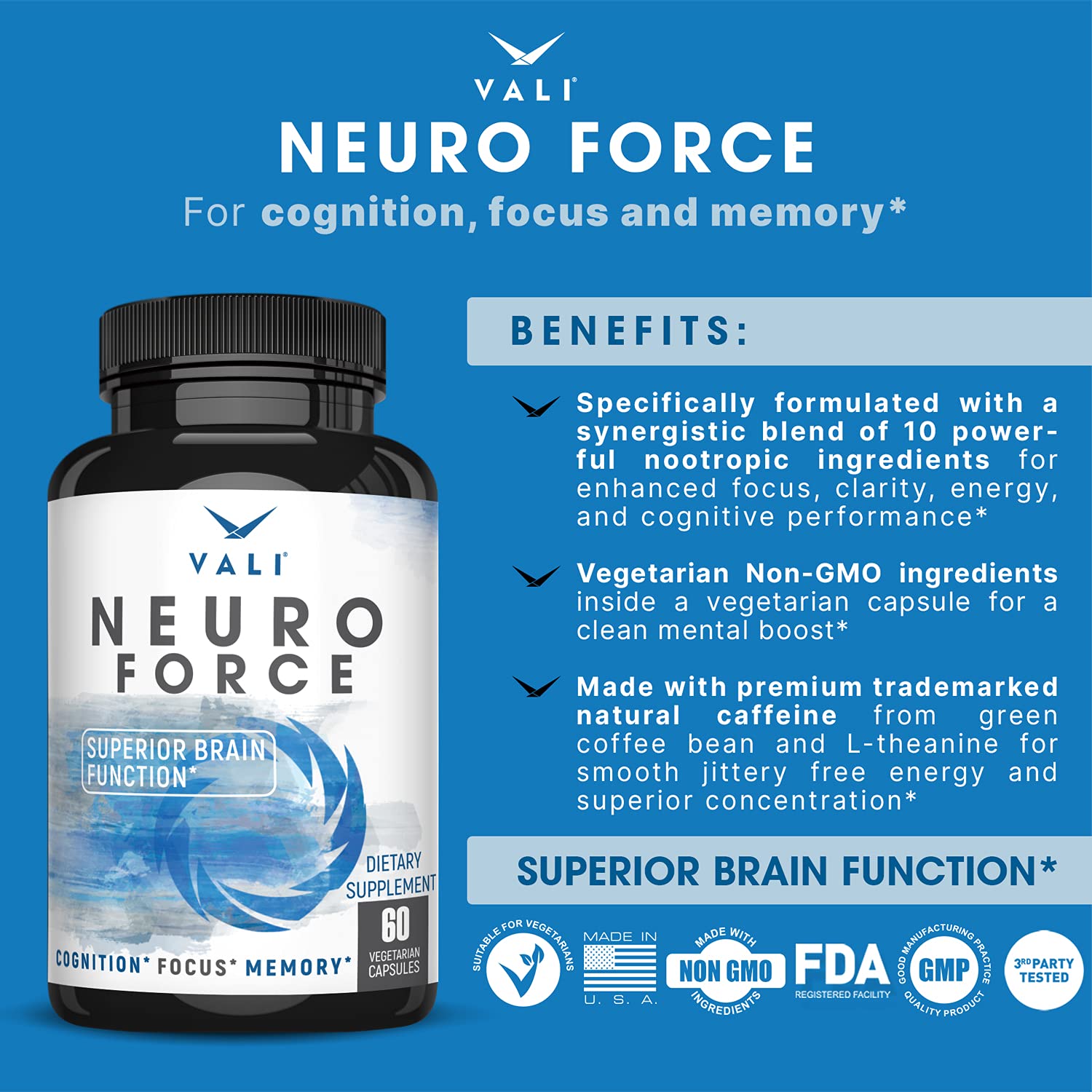 VALI Neuro Force Brain Booster Supplement for Focus, Memory, Clarity & Energy. Extra Strength Nootropic Cognitive Function Support for Mental Performance. with Natural Caffeine. 60 Veggie Capsules VALI uk supplements