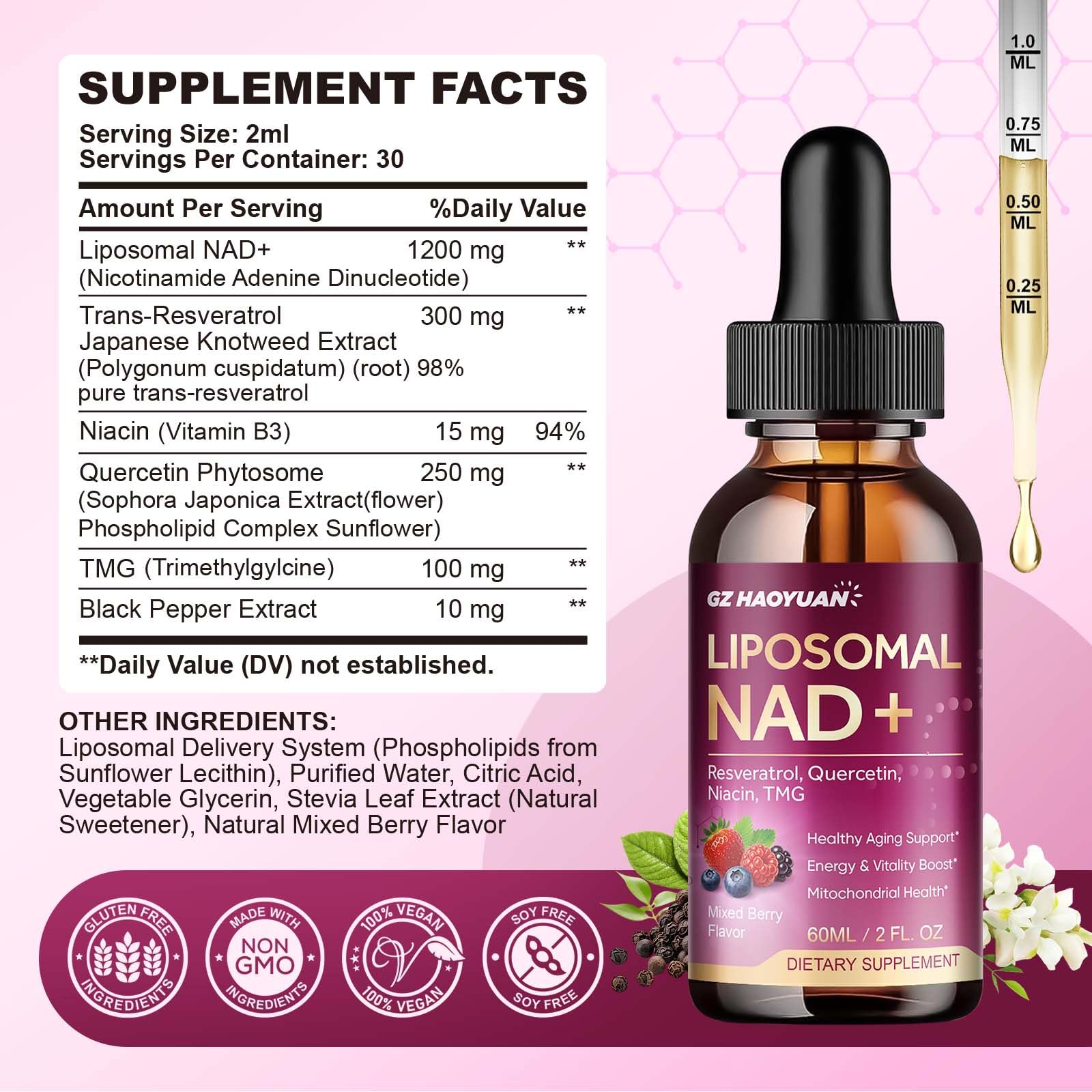 Liposomal NAD Supplement - 1200mg NAD+ Liquid Drops for Women & Men with Nicotinamide, Resveratrol, Quercetin, TMG, Black Pepper Extract - Brain & Cellular Mitochondrial Health, Anti-Aging, Longevity GZ HAOYUAN uk supplements