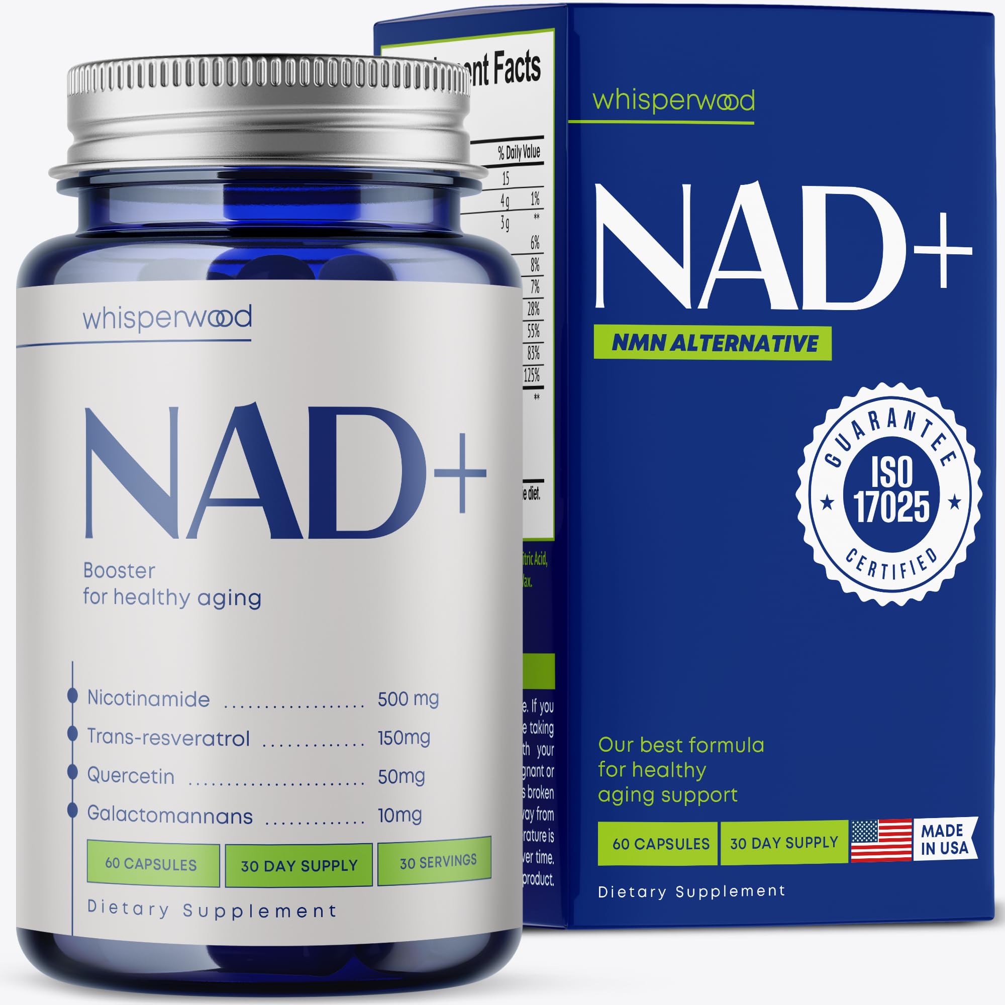 NAD+ Supplement with Nicotinamide Riboside, Trans Resveratrol & Quercetin – NAD Plus Complex for Energy, Brain & Mitochondrial Support – Antioxidant and Longevity Formula for Women & Men – 60 capsules WHISPERWOOD uk supplements